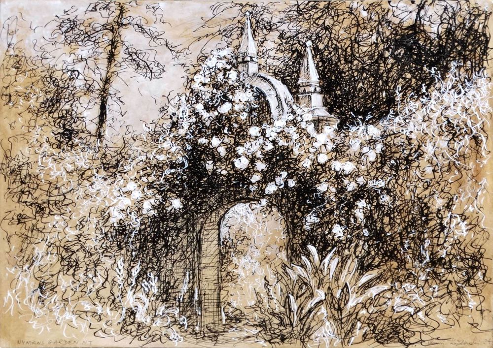 Nymans 2024 pen and ink drawing by Mariusz Kaldowski, inspired by National Trust gardens, beautiful gate at the park