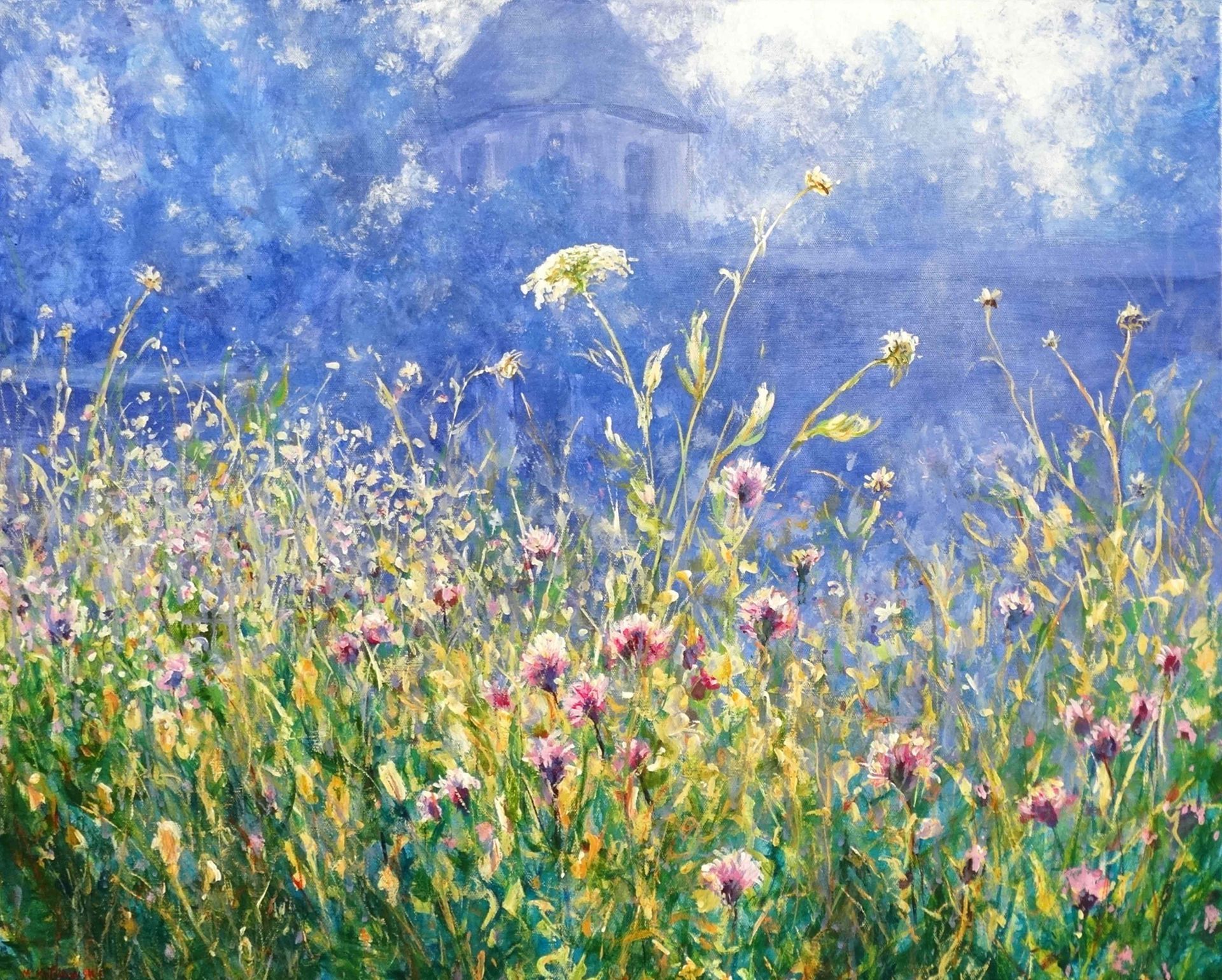 Nymans 2024 acrylic painting by Mariusz Kaldowski, inspired by National Trust gardens, dove cote at the park