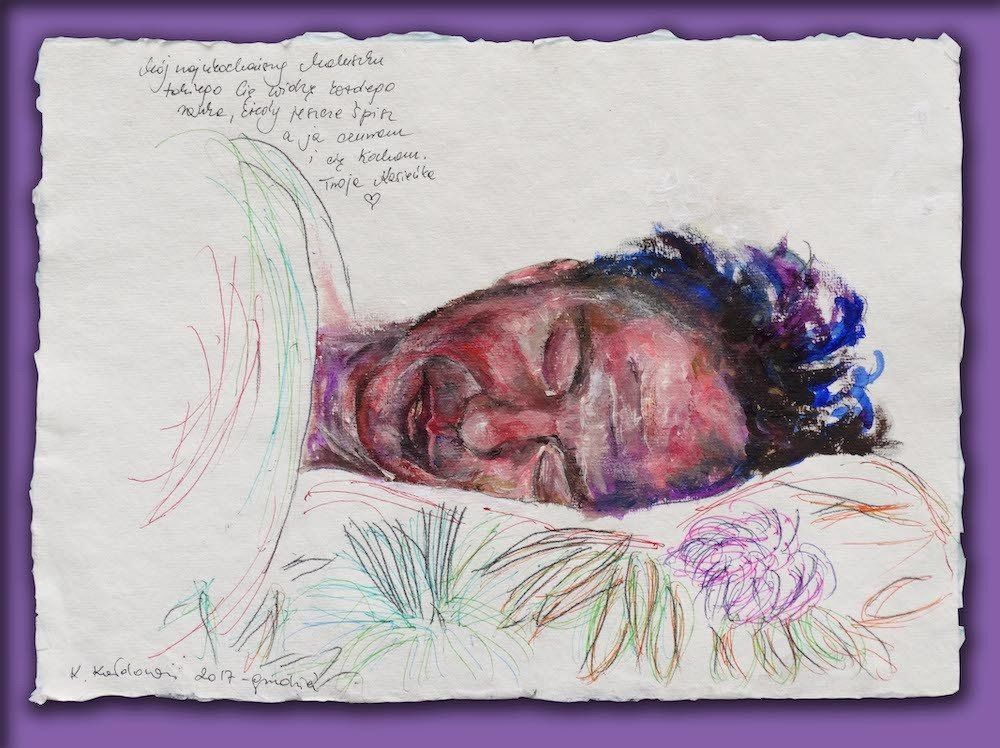 Sleeping Mariusz by Kasia Kaldowski — intimate figurative portrait of a man resting, acrylic on paper.