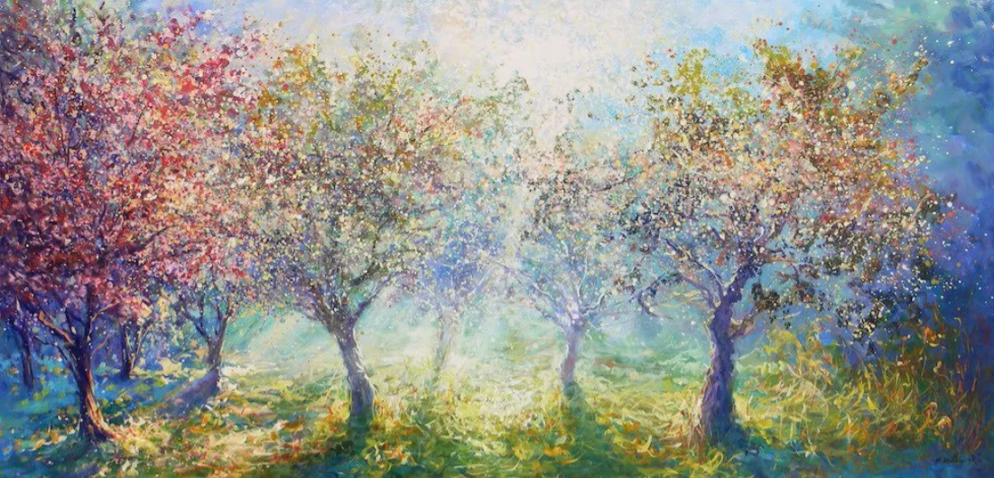 Midday Orchard impressionist painting by Mariusz Kaldowski depicting blossoming orchard trees glowing in sunlight.