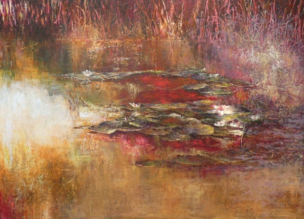 Waterlilies andscape painting “Swoosh” by Kasia Kaldowski — acrylic on canvas, 120 × 170 cm. Commission work.