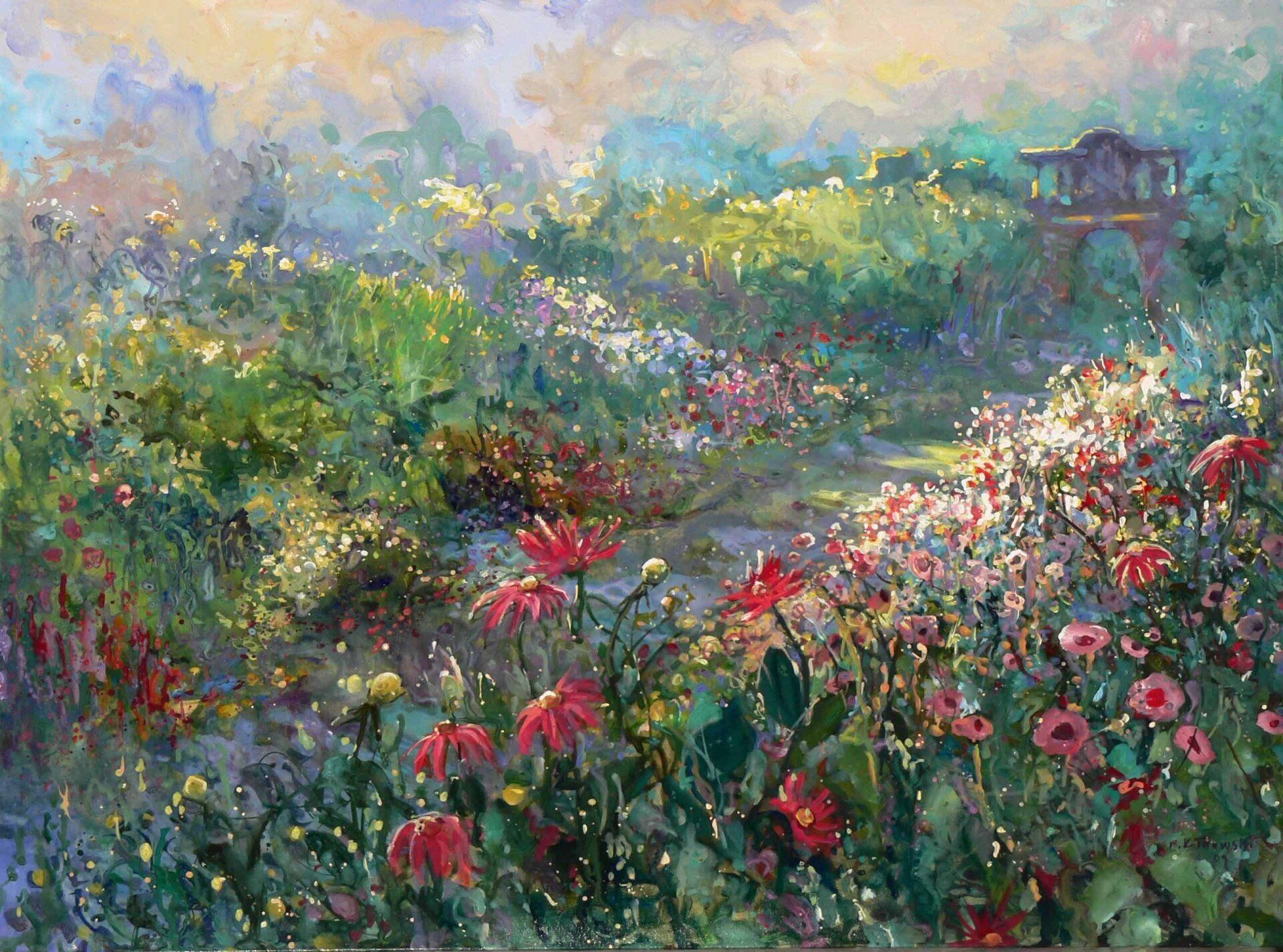 National Trust painting by Mariusz Kaldowski — acrylic on canvas, 80 × 100 cm, inspired by Centre Aisle at Nymans