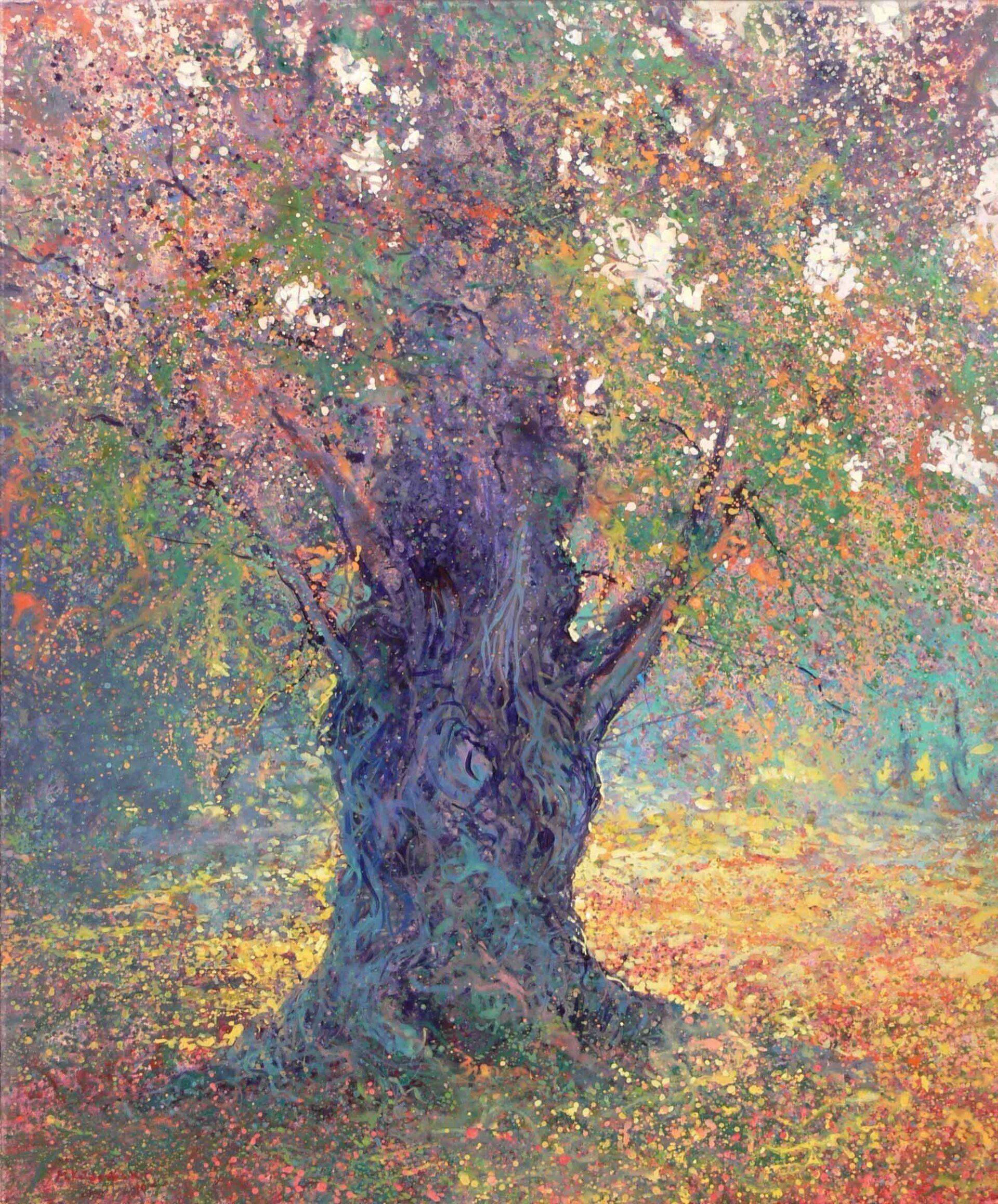 National Trust painting by Mariusz Kaldowski — acrylic on canvas, inspired by oak tree at Nymans