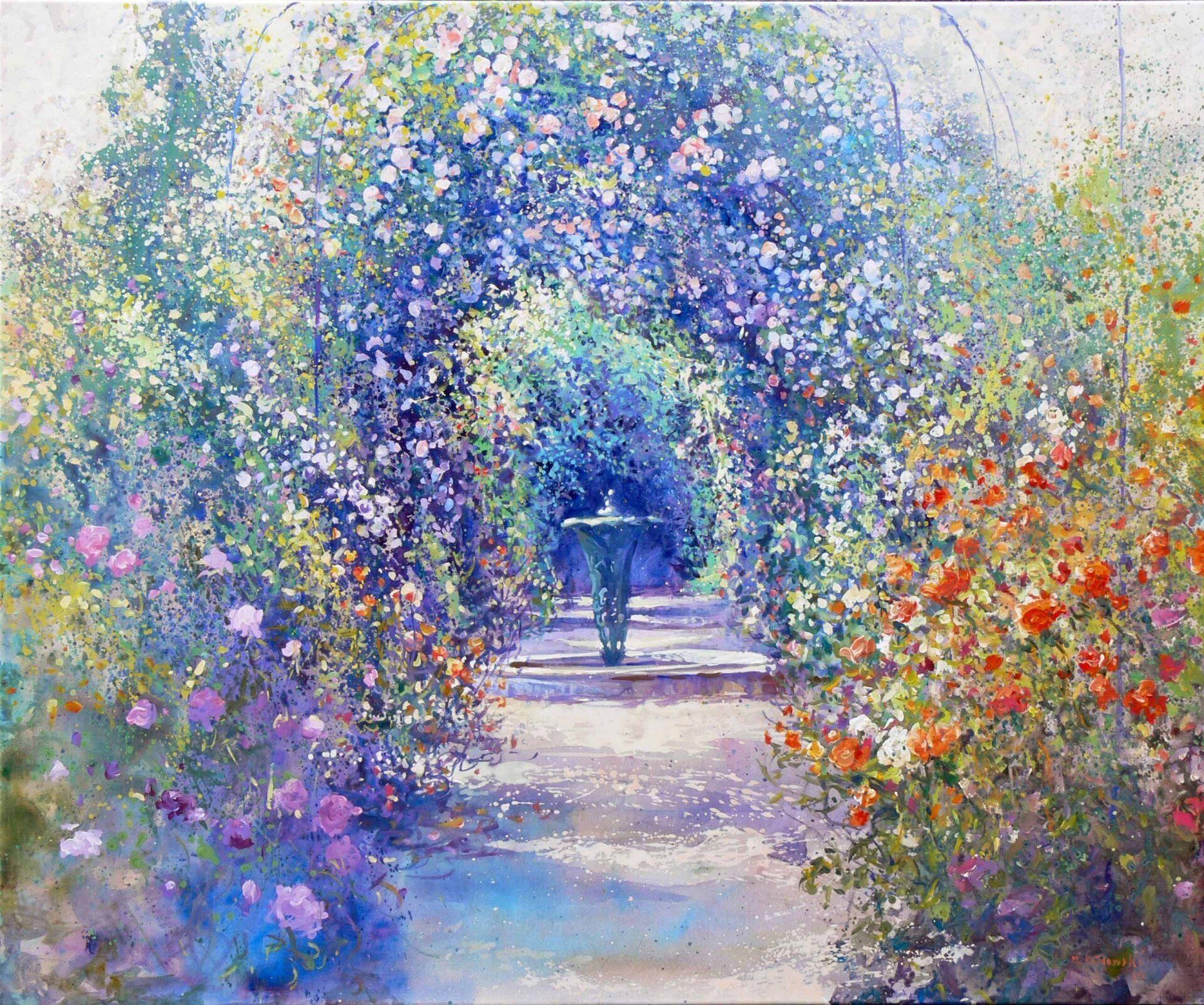 National Trust painting by Mariusz Kaldowski — acrylic on canvas, 100 × 110 cm, inspired by Rose Garden at Nymans
