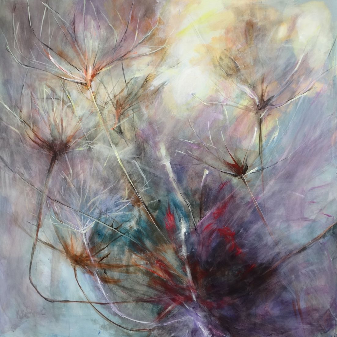 Carried By The Wind, acrylic on canvas 80x80cm, dynamic flowers and dandelion seeds swaying in the breeze