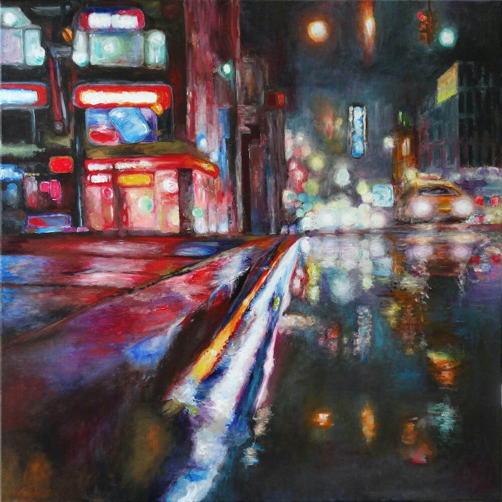 Painting by Kasia Kaldowski of New York City at night with a yellow taxi.