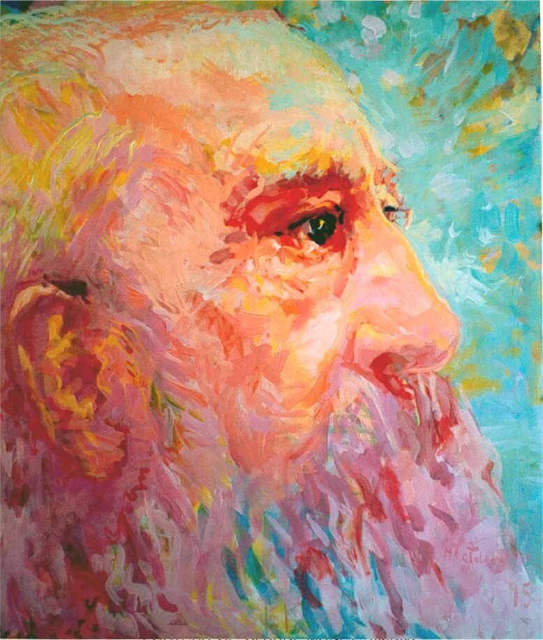 Portrait of Claude Monet by Mariusz Kaldowski — acrylic on canvas, centre part of triptych