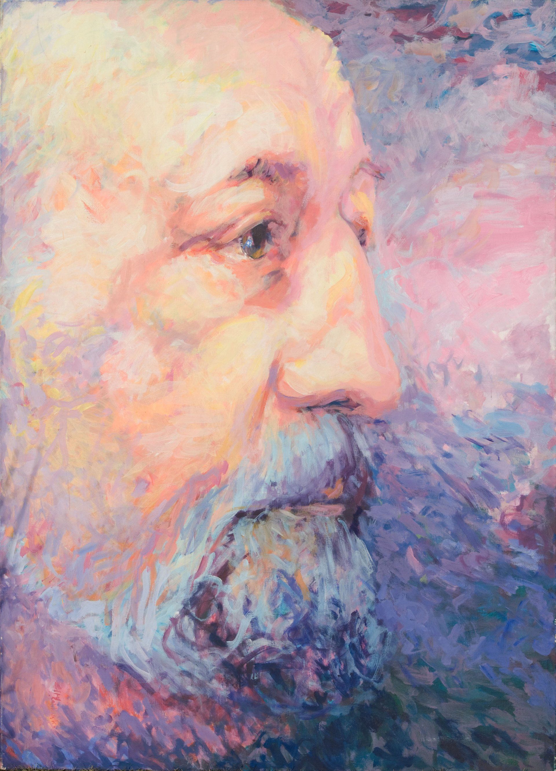 Portrait of Krzysztof Penderecki by Mariusz Kaldowski — acrylic on canvas, left part of triptych