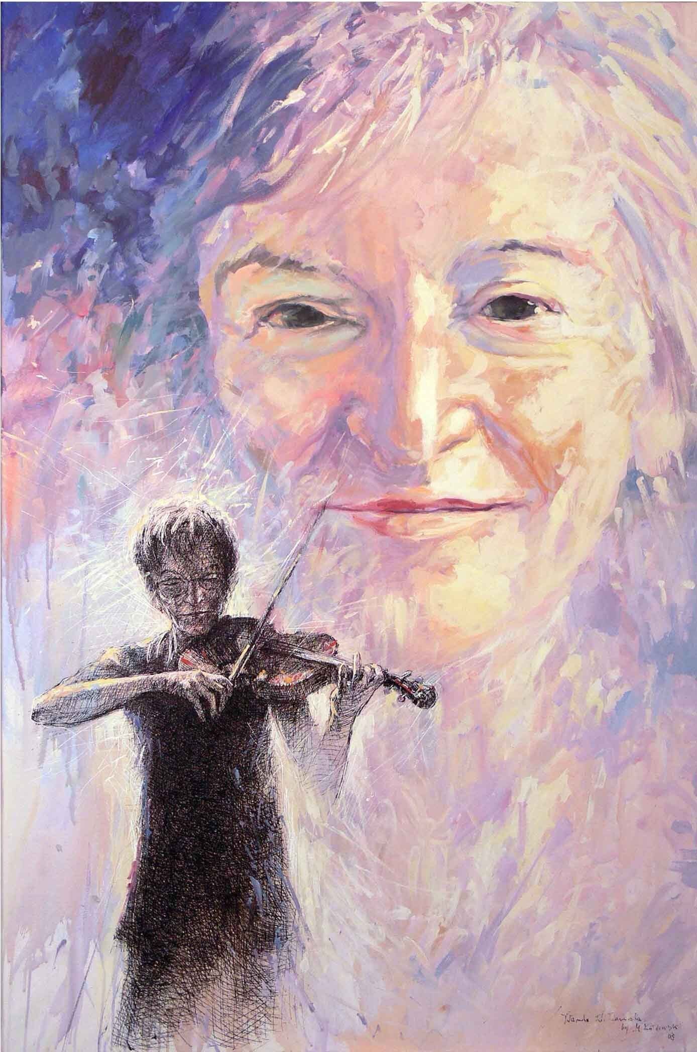 Portrait of Wanda Wiłkomirska by Mariusz Kaldowski — acrylic & pen & ink on canvas, commissioned work