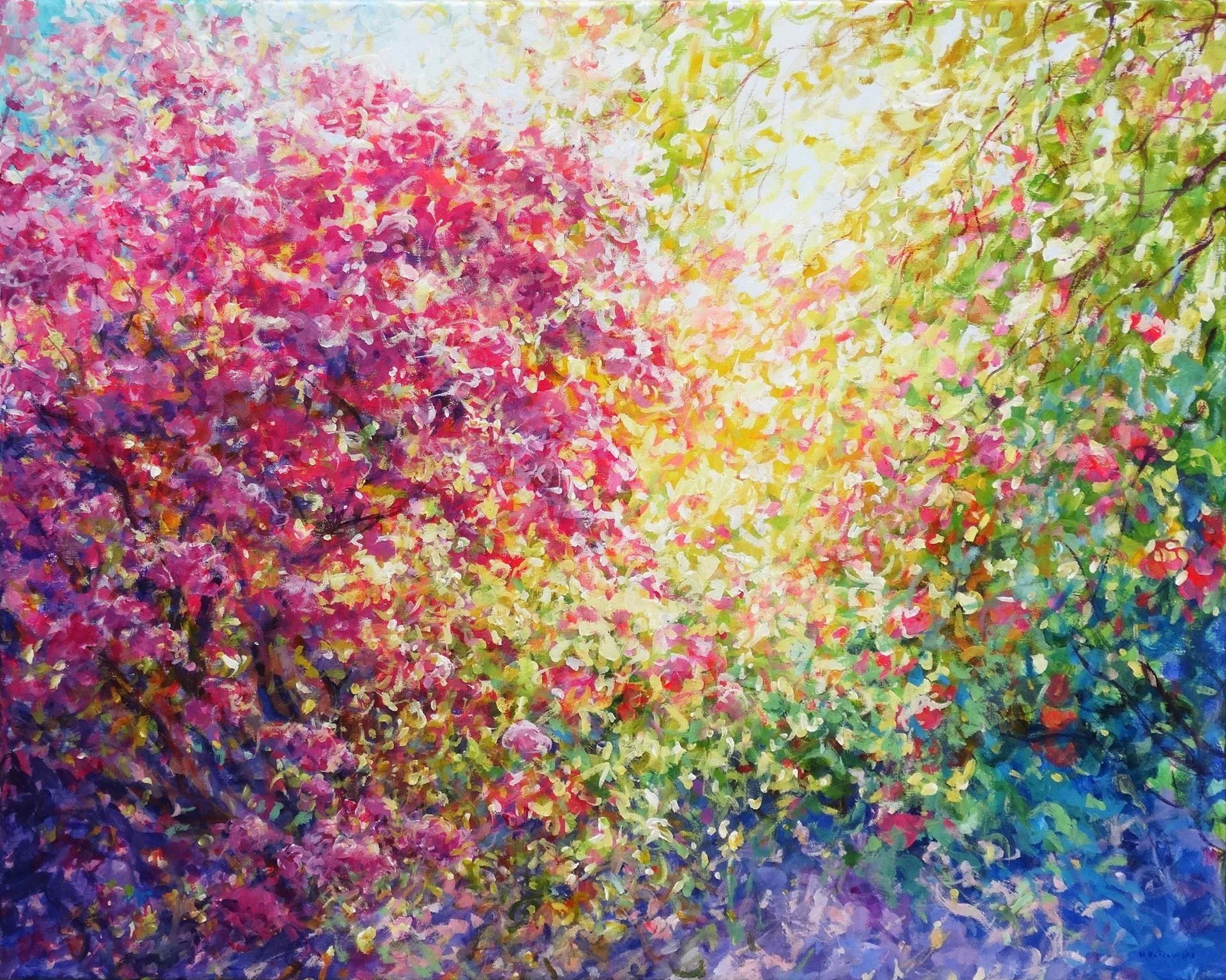 Magenta Majesty – Painting by Mariusz Kaldowski, acrylic floral artwork with blossoms bursting in vivid magenta hues