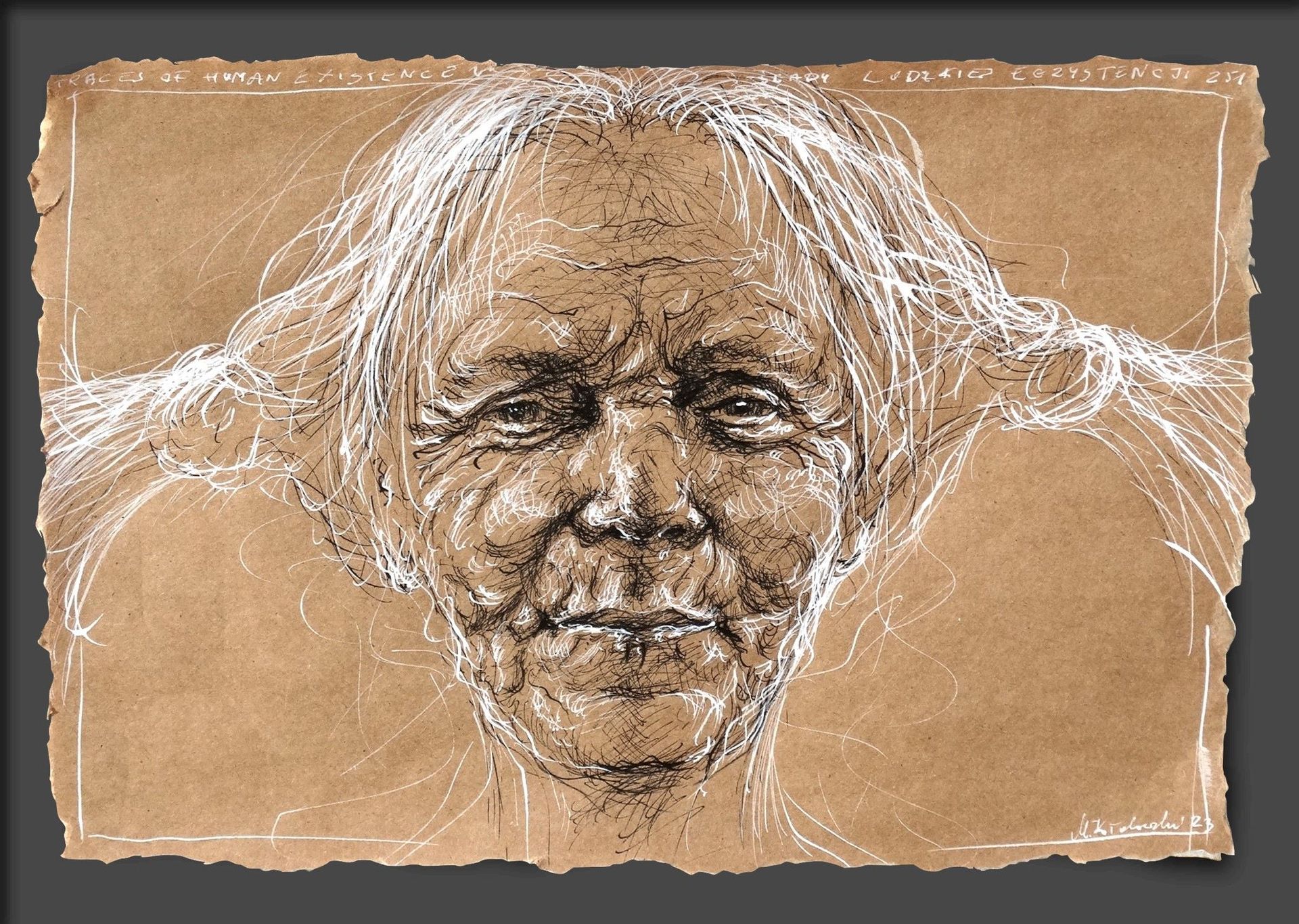 Portrait pen& ink drawing of an older woman by Mariusz Kaldowski