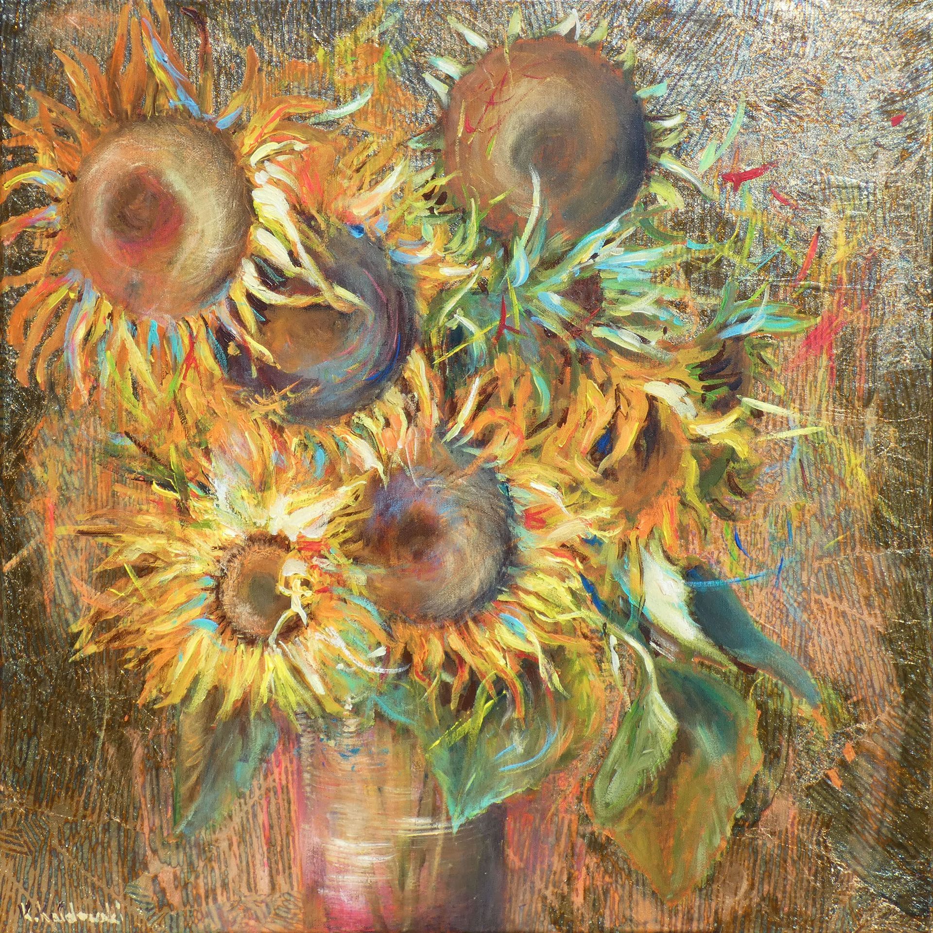 Sunflowers in a Vase painting, acrylic & metal leaf on canvas 70x70cm