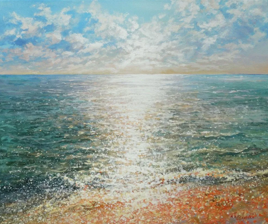 Seascape painting by Mariusz Kaldowski in impressionist style with sunlight shimmering across the sea.