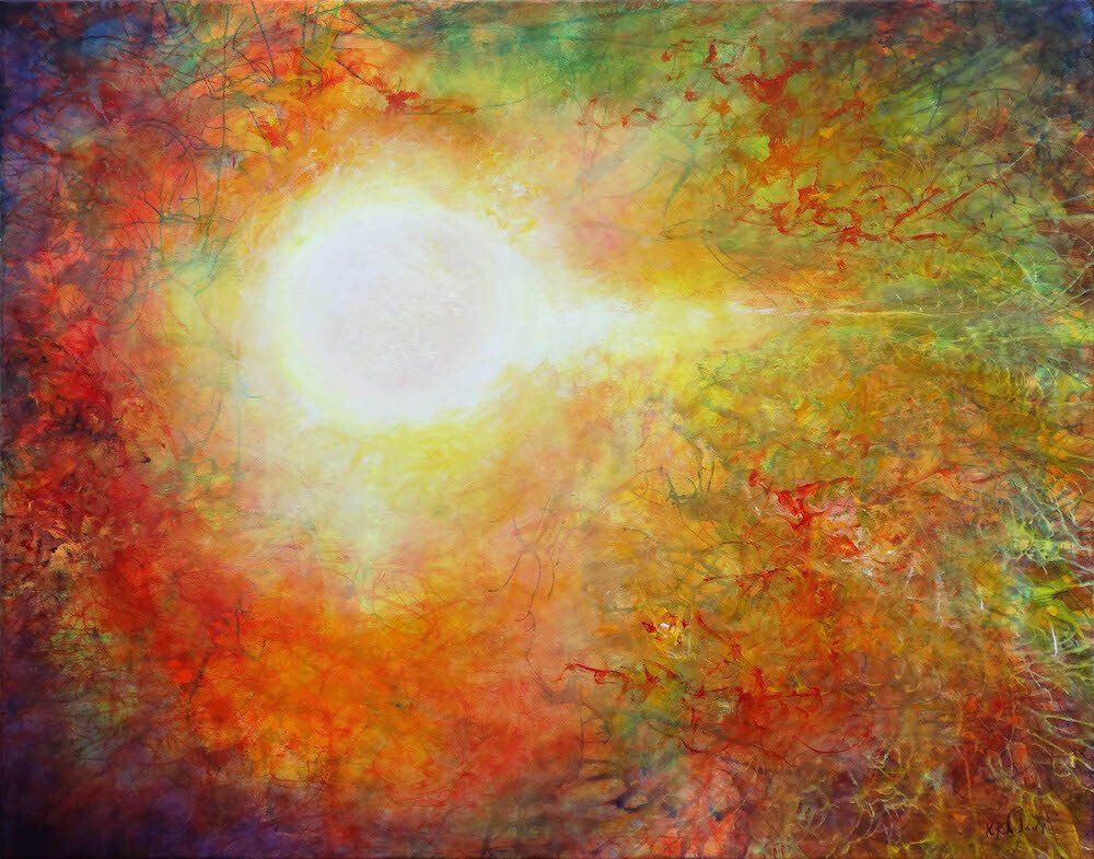 Abstract contemporary painting by Kasia Kaldowski — interplay of white, yellow and fiery orange strokes to represent sun