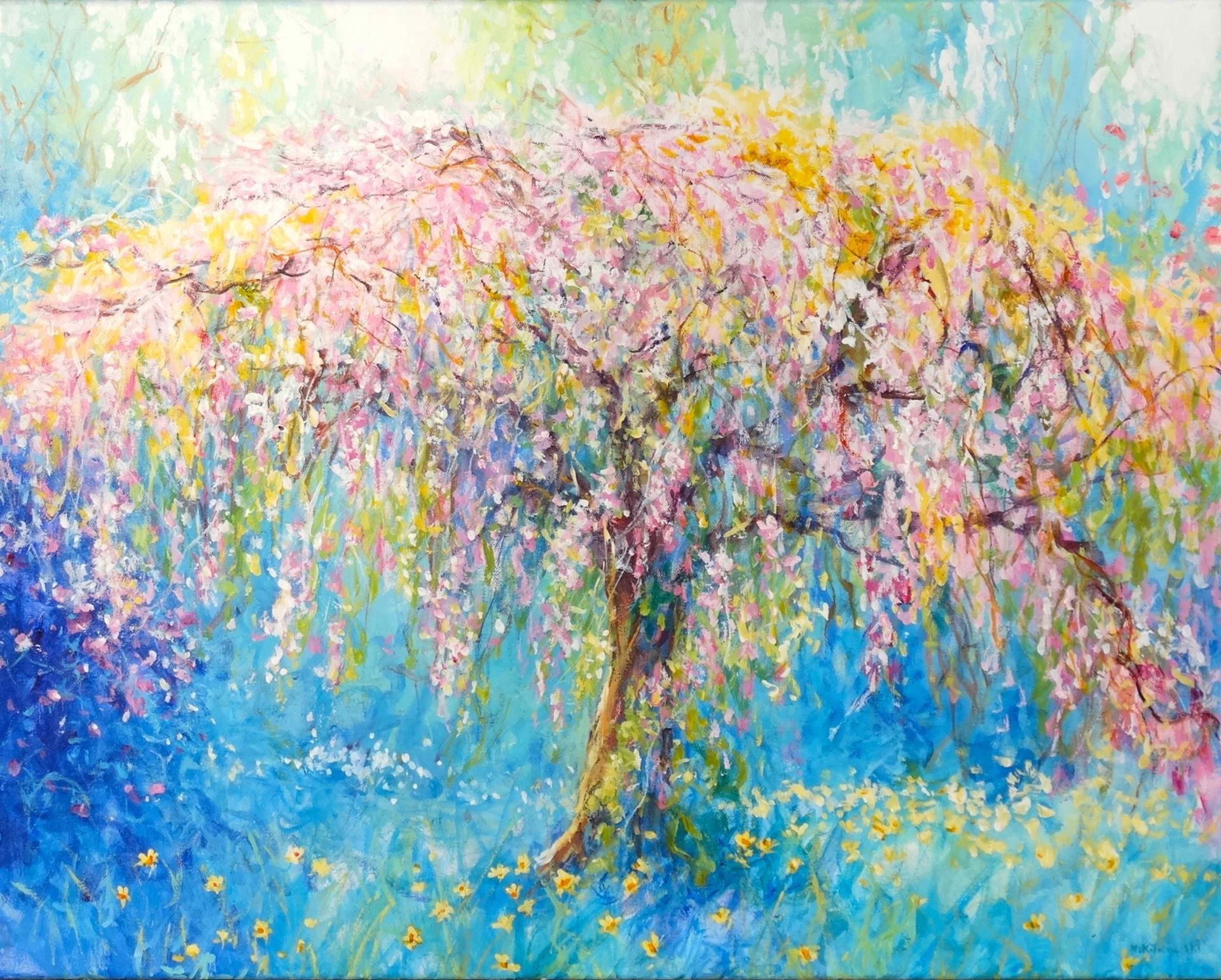 Nymans 2024 acrylic painting by Mariusz Kaldowski, inspired by National Trust gardens, spring tree at the park