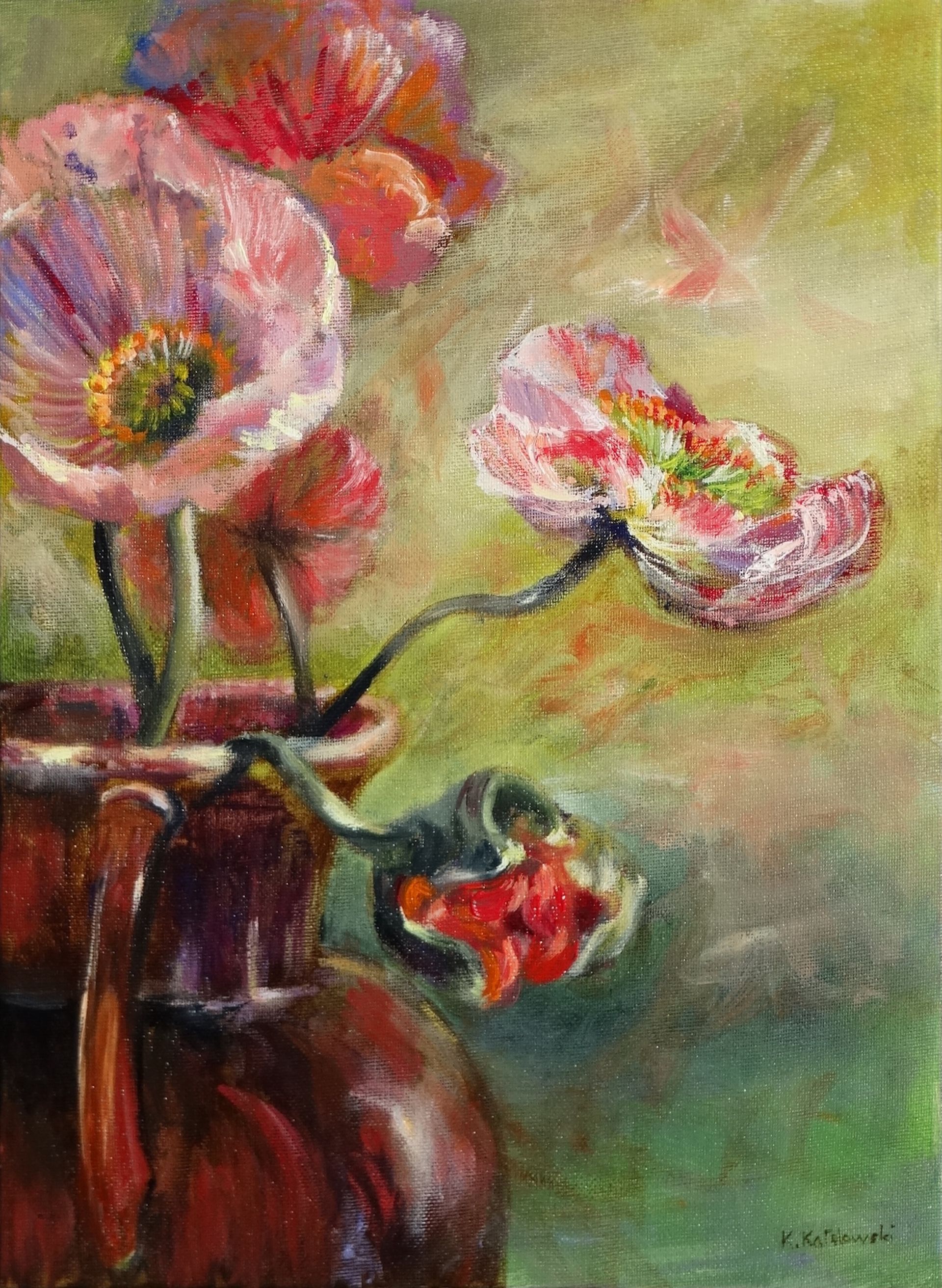 In a Vase painting of Canadian poppies, oil on canvas 40x30cm (framed 44x34cm)