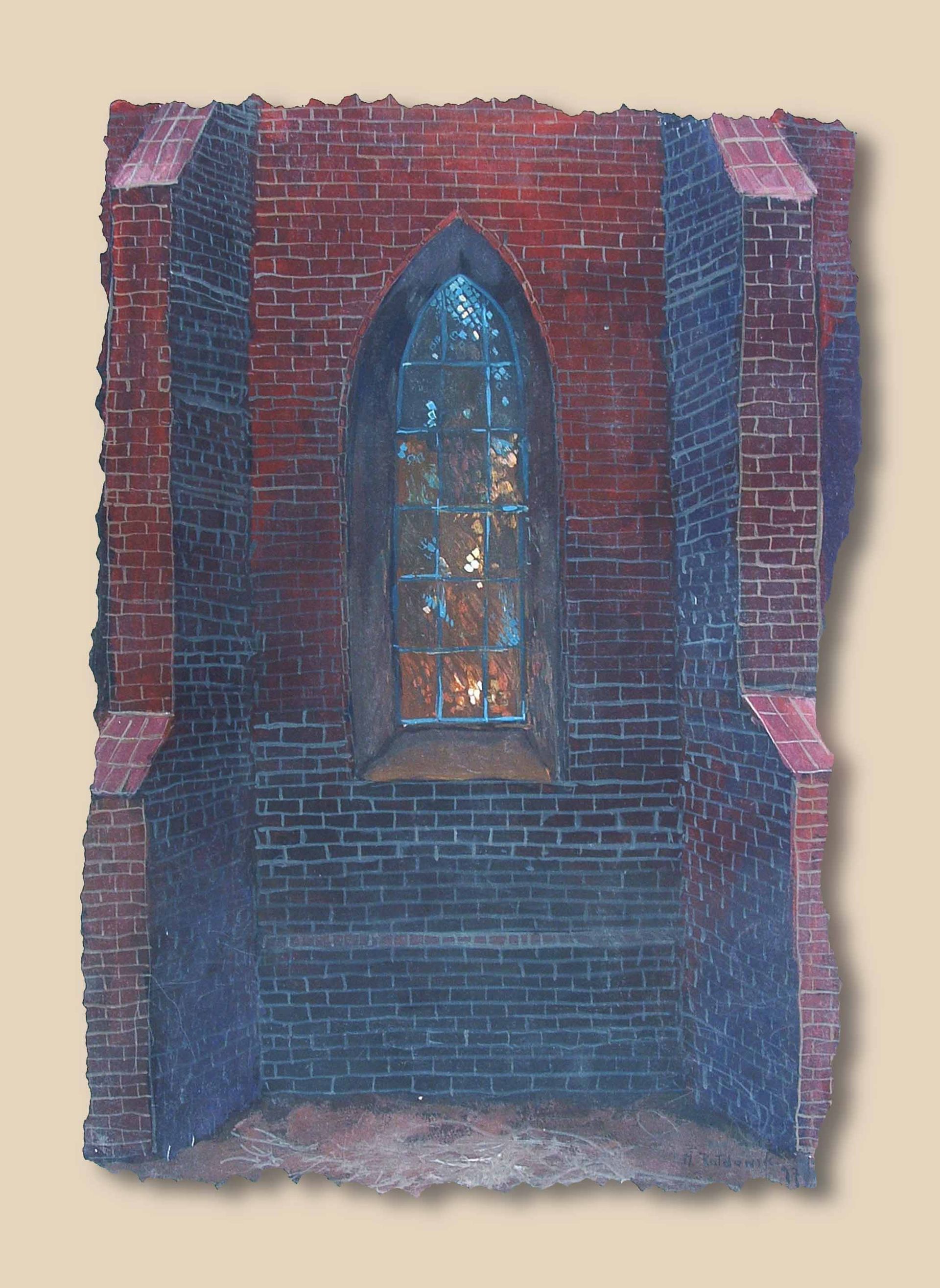 Expressive artwork from Written in Memories — church interior with stained glass, acrylic on paper, 70×50 cm