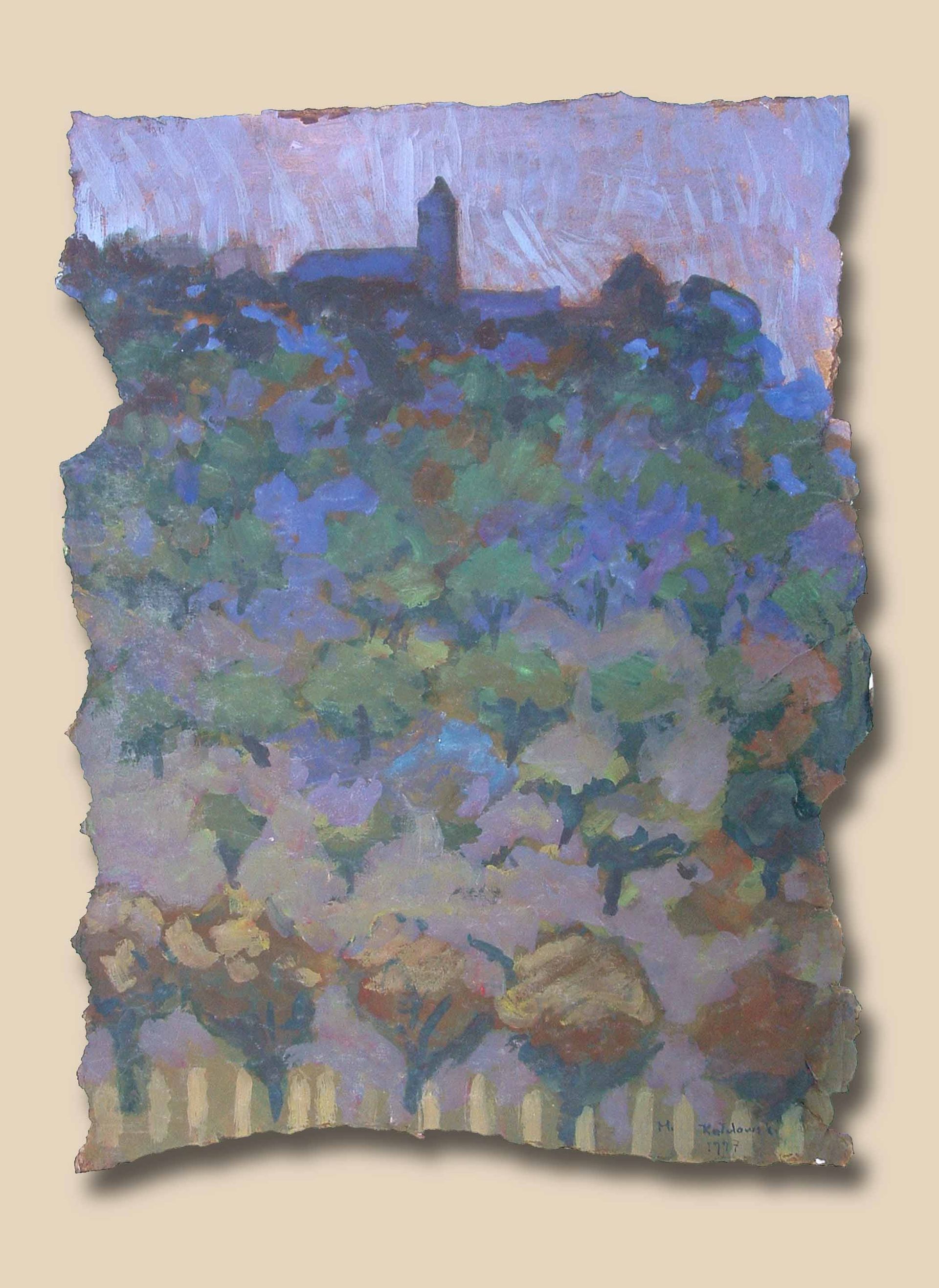 Written in Memories series — abstracted distant view of Chełmno, acrylic on paper, 1993–1994, by Mariusz Kaldowski (70×50 cm)