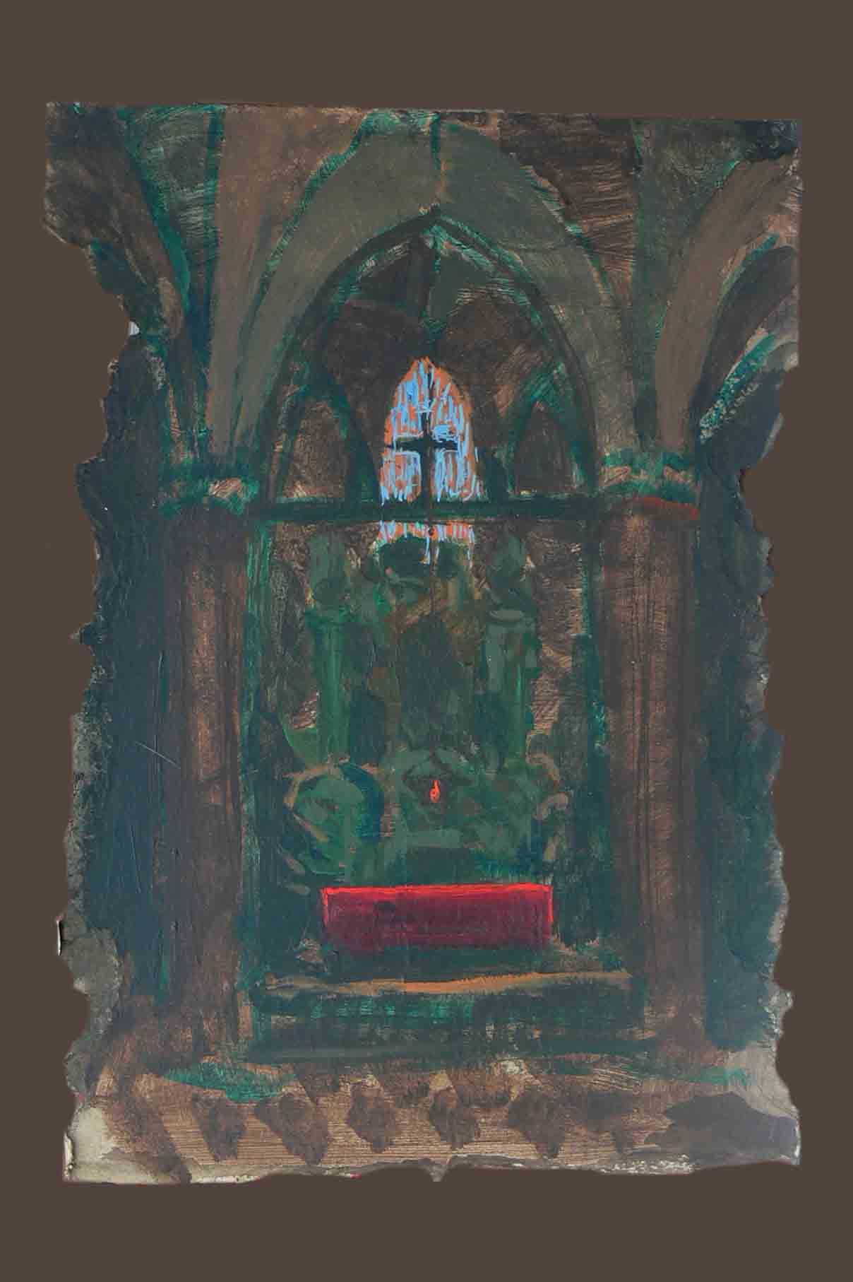 Symbolic painting from Written in Memories — fragments of church interior, memory of childhood, acrylic on paper, 70×50 cm