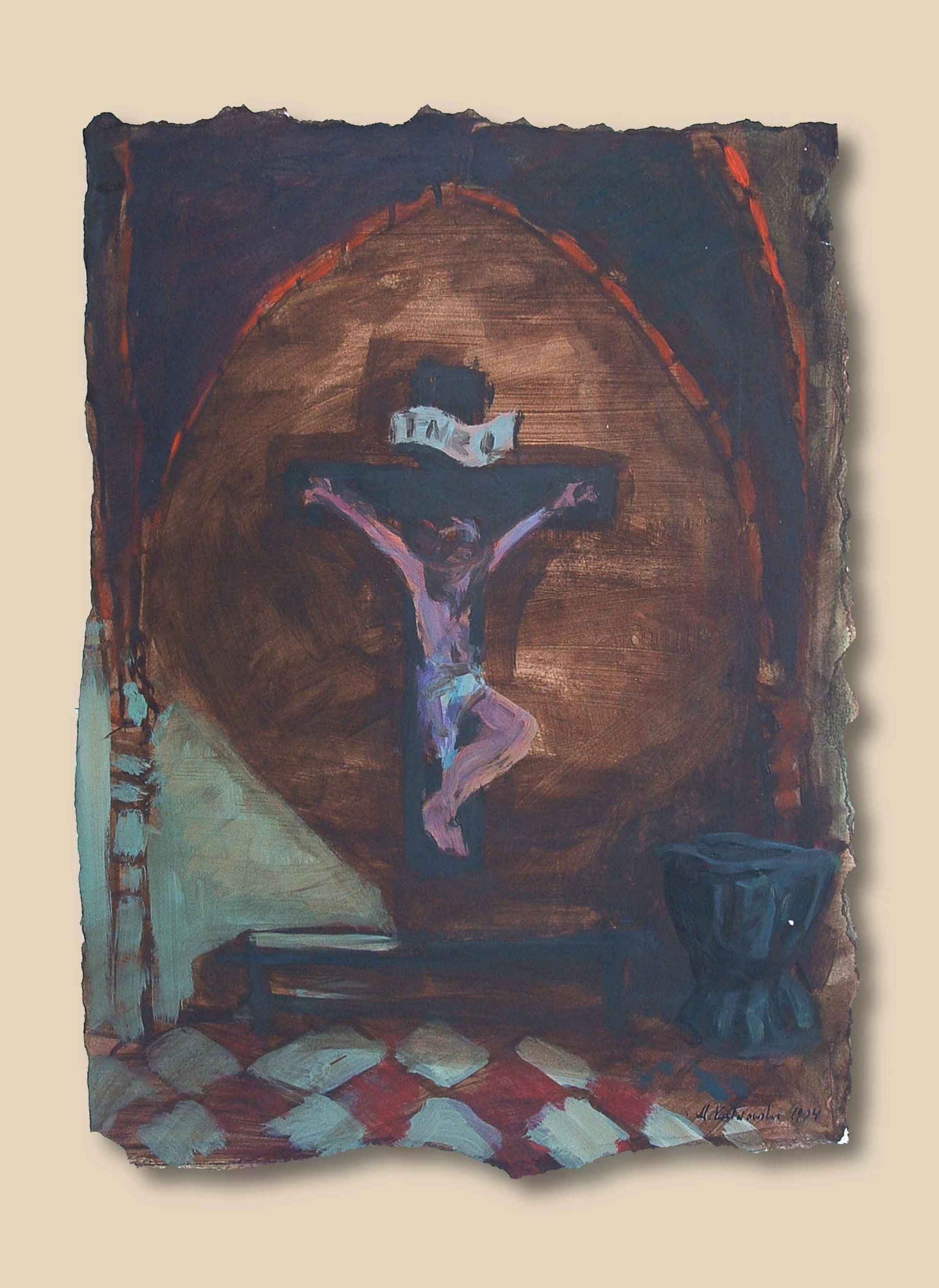 Symbolic house  with crucifix  interior from Written in Memories — acrylic on paper, 50×70 cm, by Mariusz Kaldowski