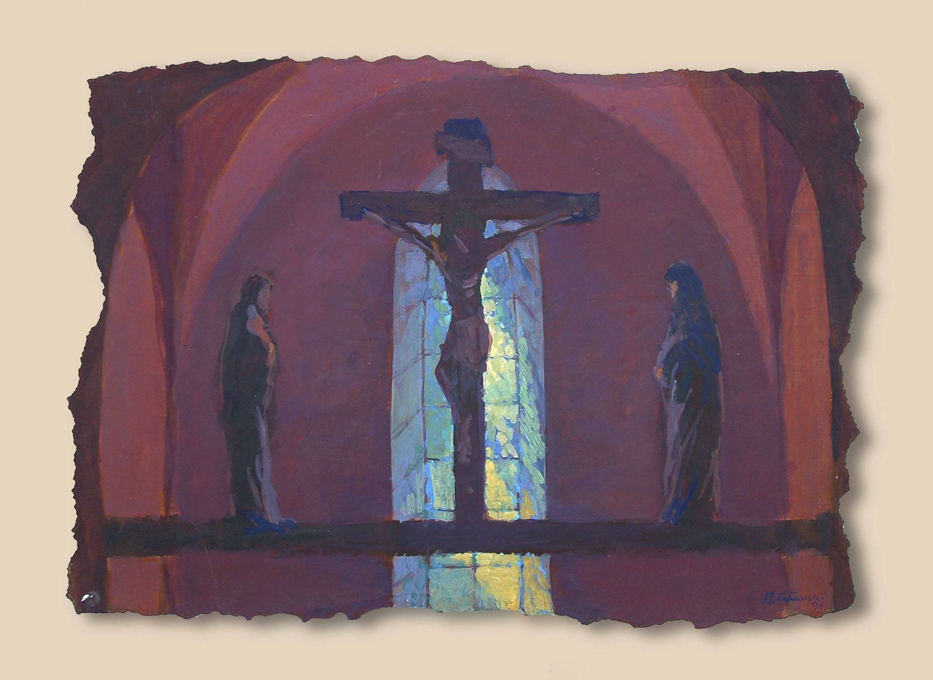 Painting from Written in Memories — fragments of church altar from memory of childhood, acrylic on paper, 50×70 cm