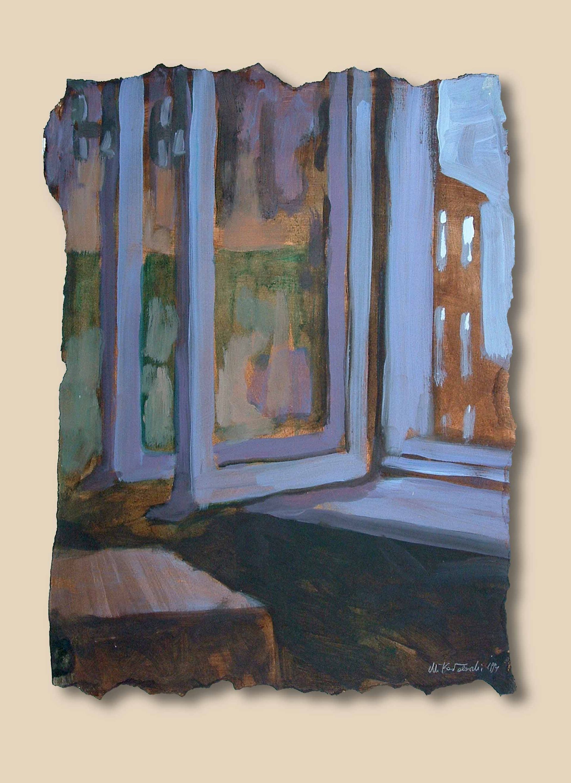 Symbolic painting of open double windows  from Written in Memories — with memory of childhood, acrylic on paper, 70×50 cm