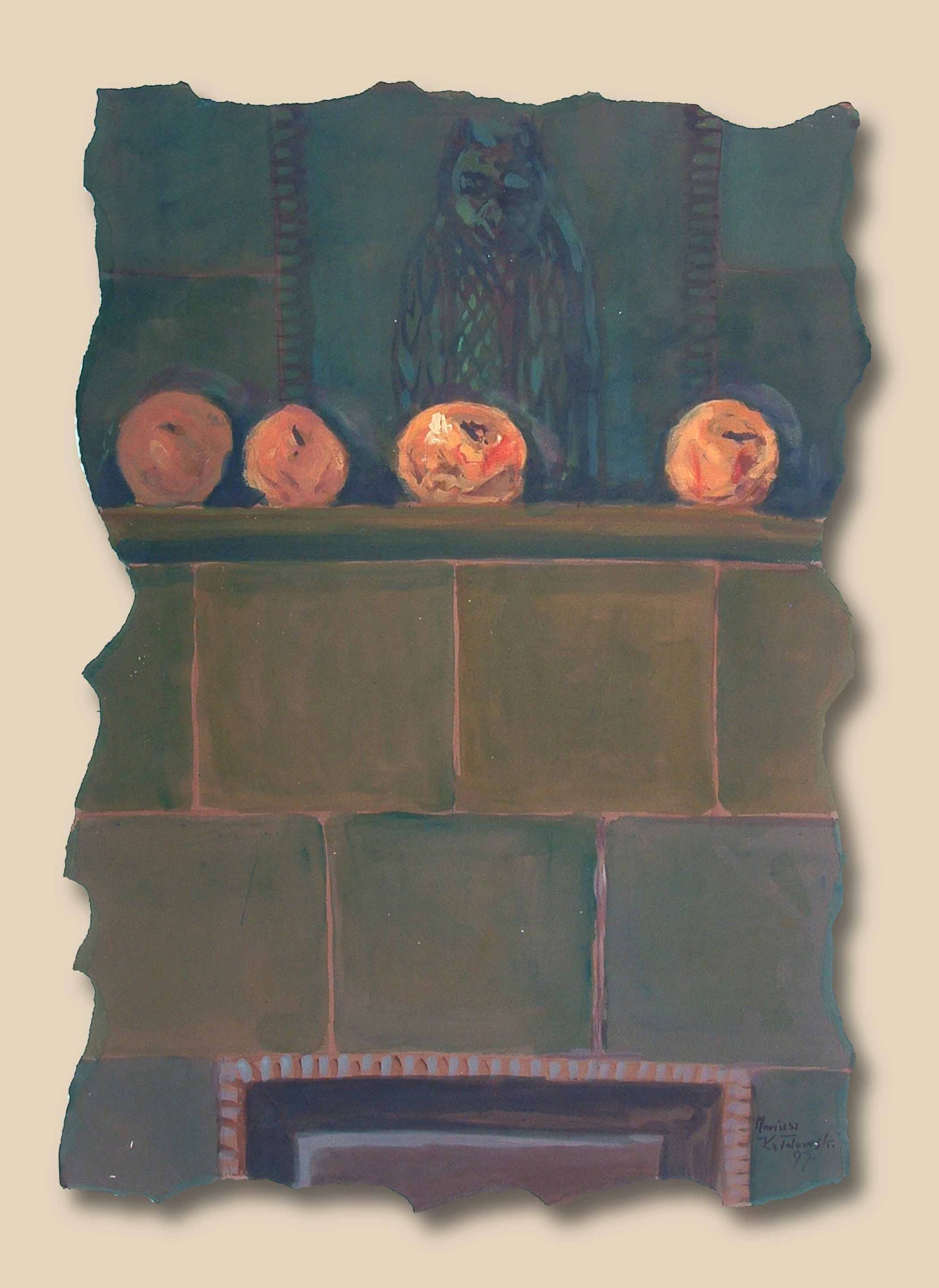 Written in Memories series — stone fireplace and apples, acrylic on paper, 1993–1994, by Mariusz Kaldowski (70×50 cm)