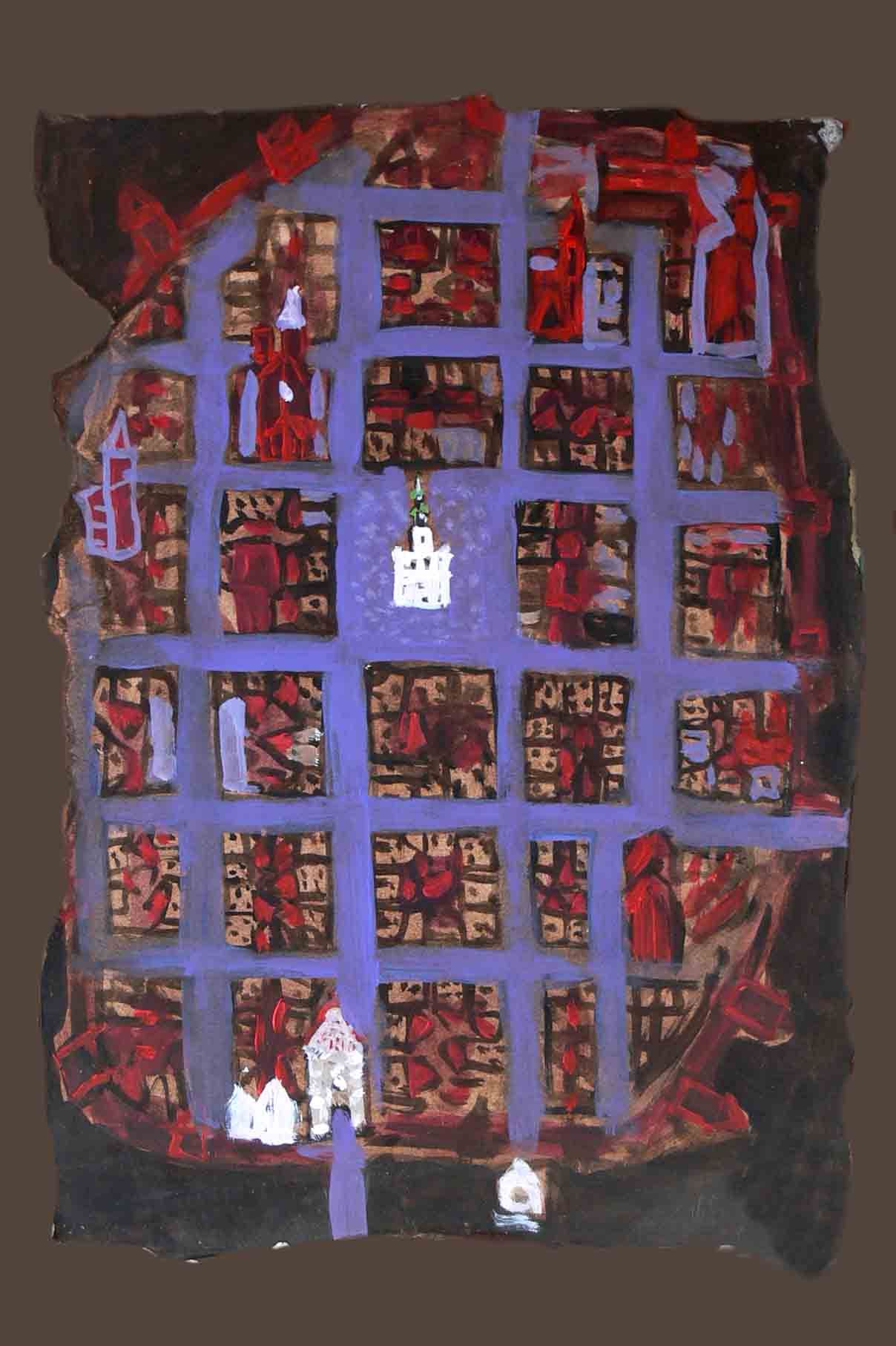 Expressive painting of a church window, artwork from Written in Memories — acrylic on paper by Mariusz Kaldowski