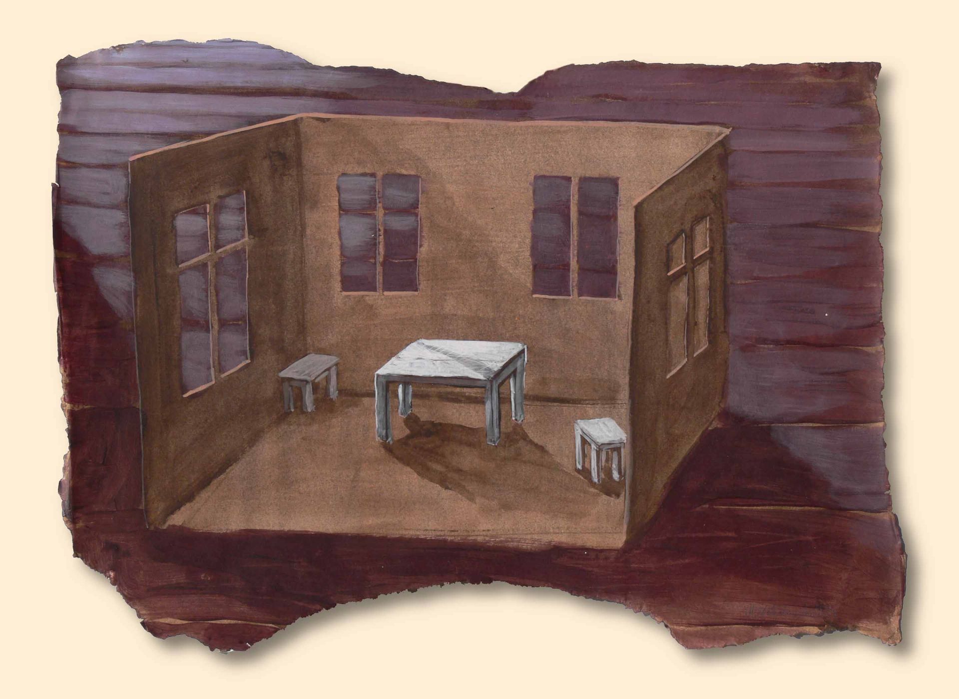 Painting of a dolls house from Written in Memories — symbolic impression of memory, acrylic on paper, 50×70 cm