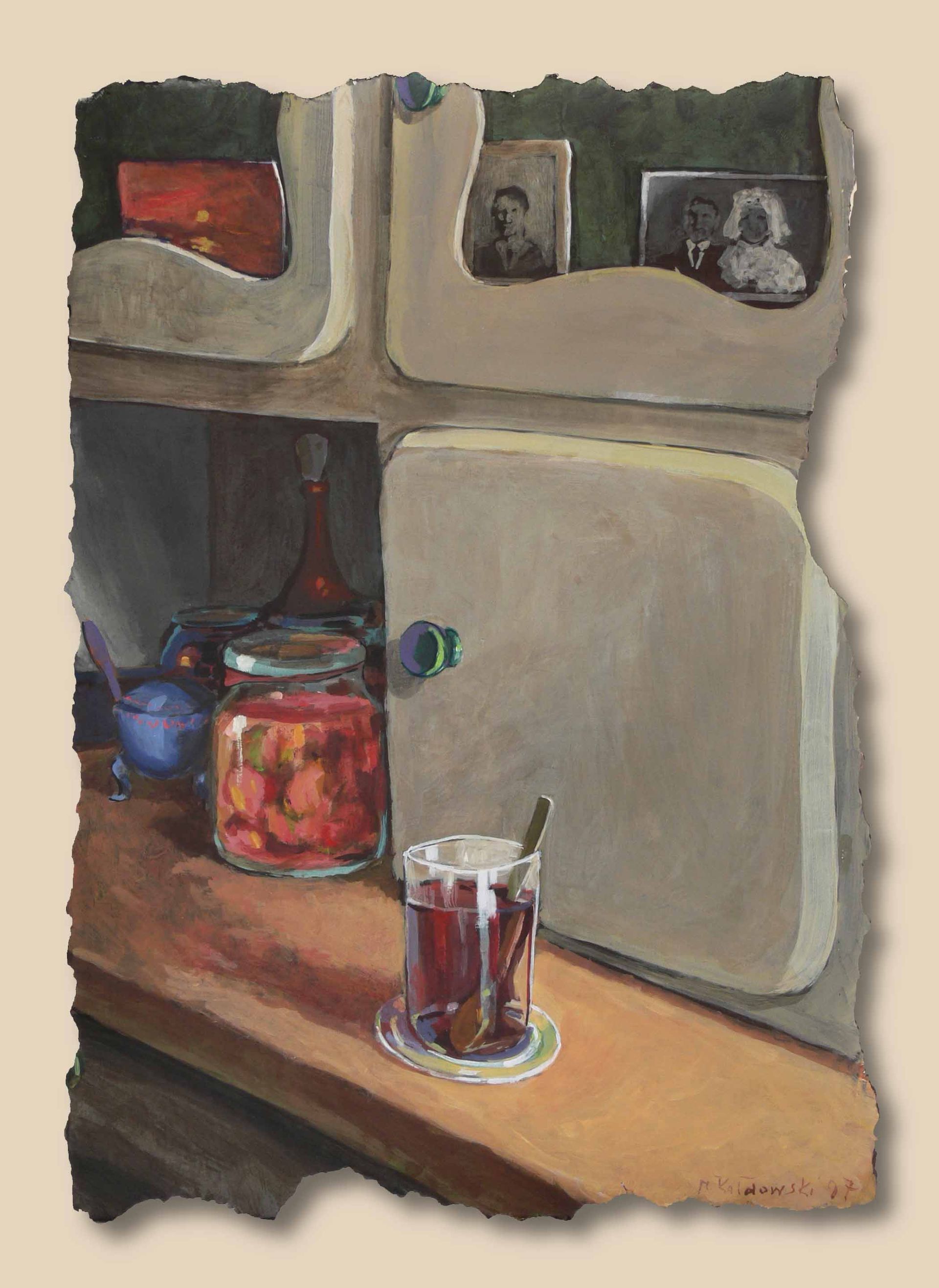 Figurative painting from Written in Memories — symbolic old kitchen cabinet, acrylic on paper, 50×70 cm