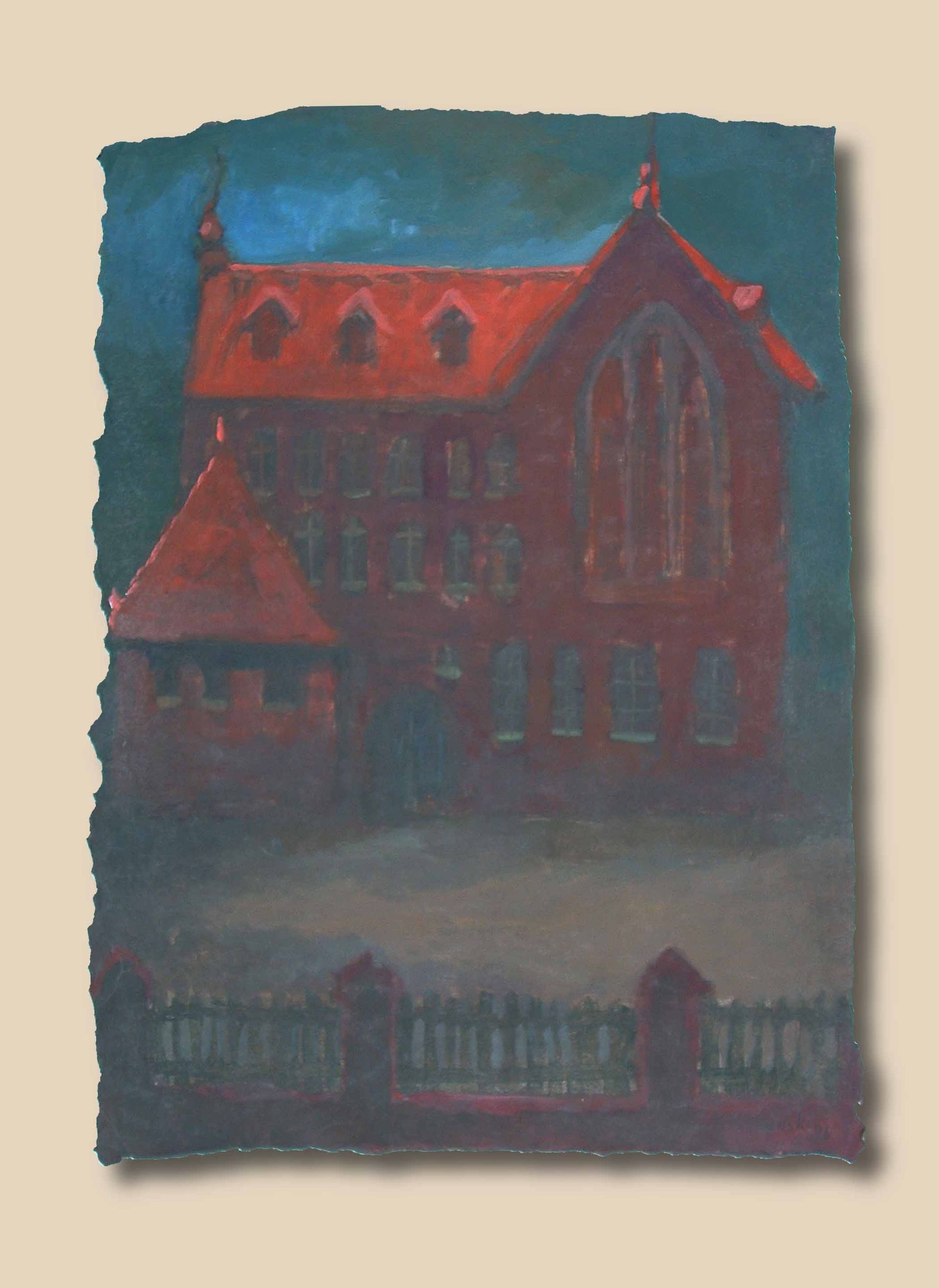 Written in Memories — abstracted church of Chełmno, geometric forms suggesting streets, acrylic on paper, 1993–1994