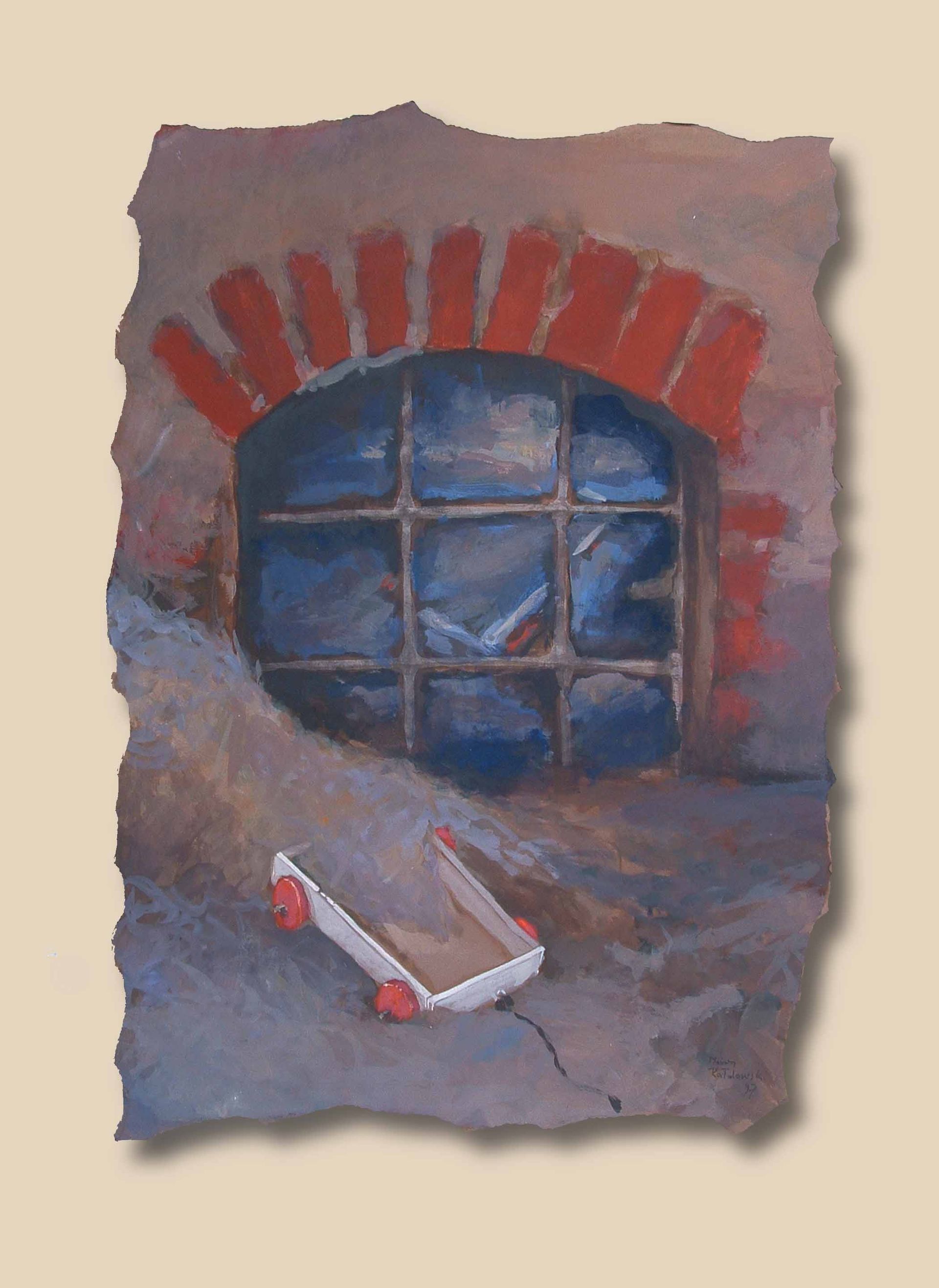 Figurative painting from Written in Memories — toy in the sand in front of cellar window, acrylic on paper, 50×70 cm