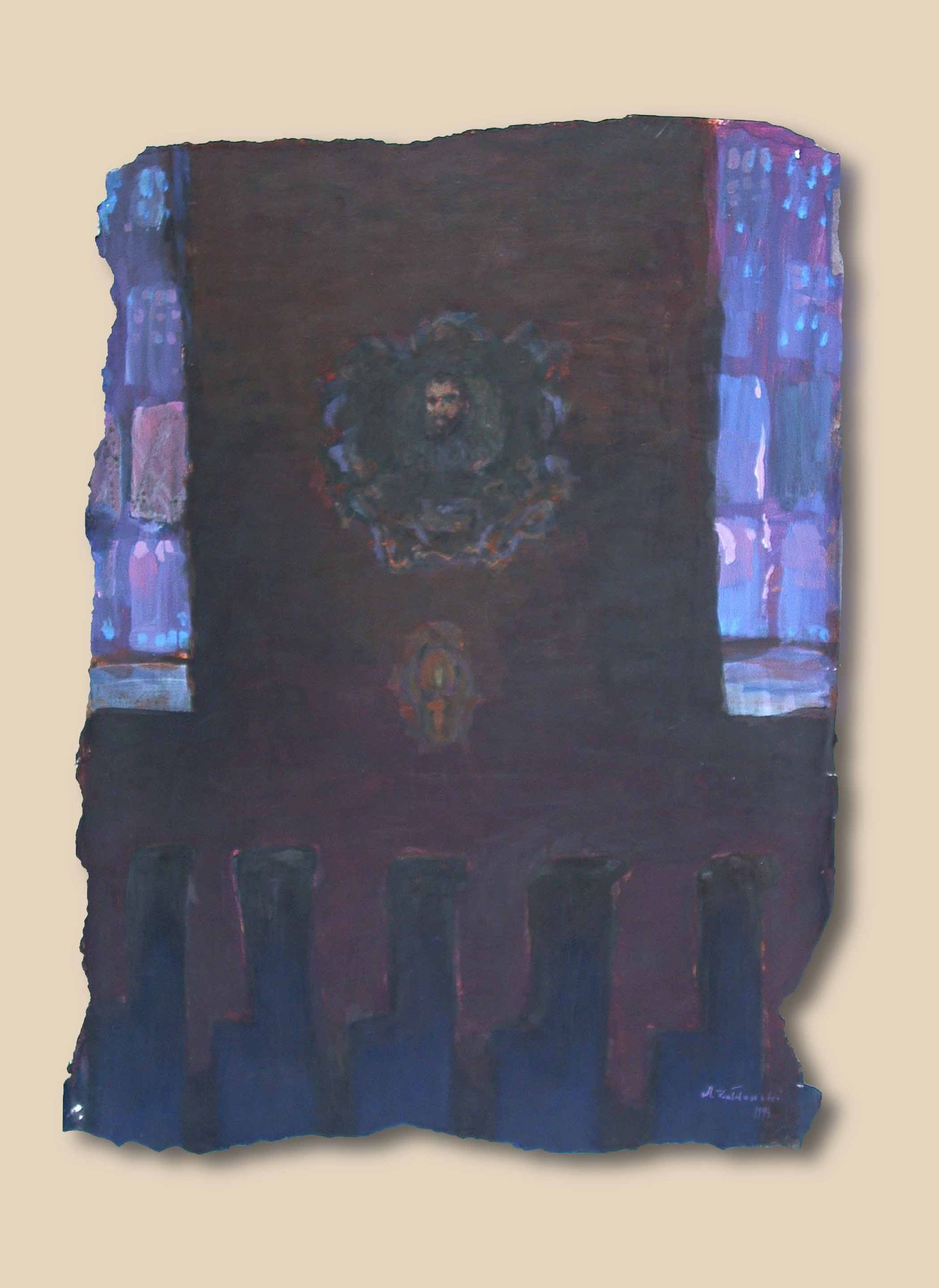 Symbolic church interior from Written in Memories — impressions of holy picture and stained glass, acrylic on paper, 50×70 cm