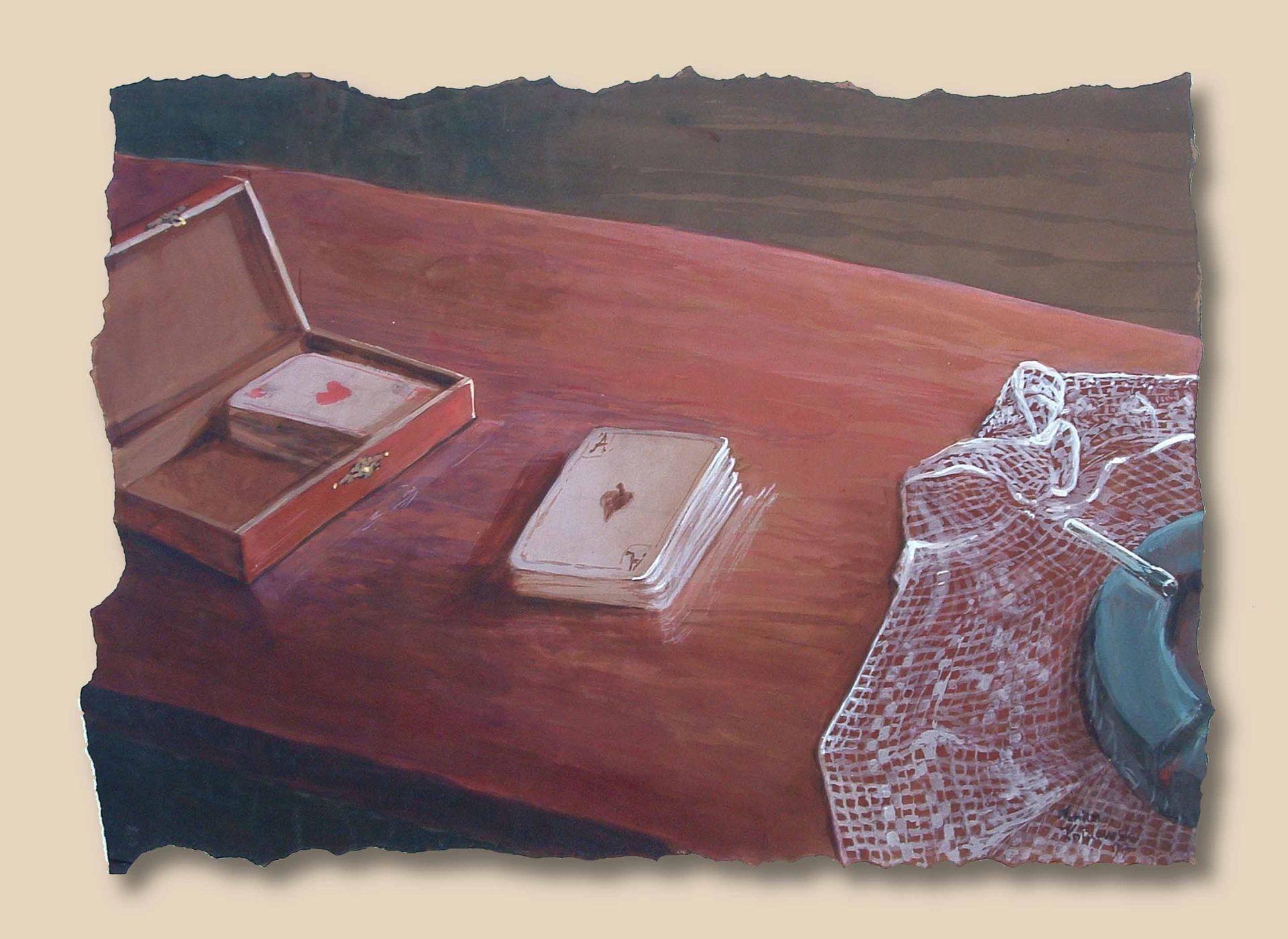 Written in Memories series — playing cards and lace cloth on a table, acrylic on paper, by Mariusz Kaldowski (50×70 cm)