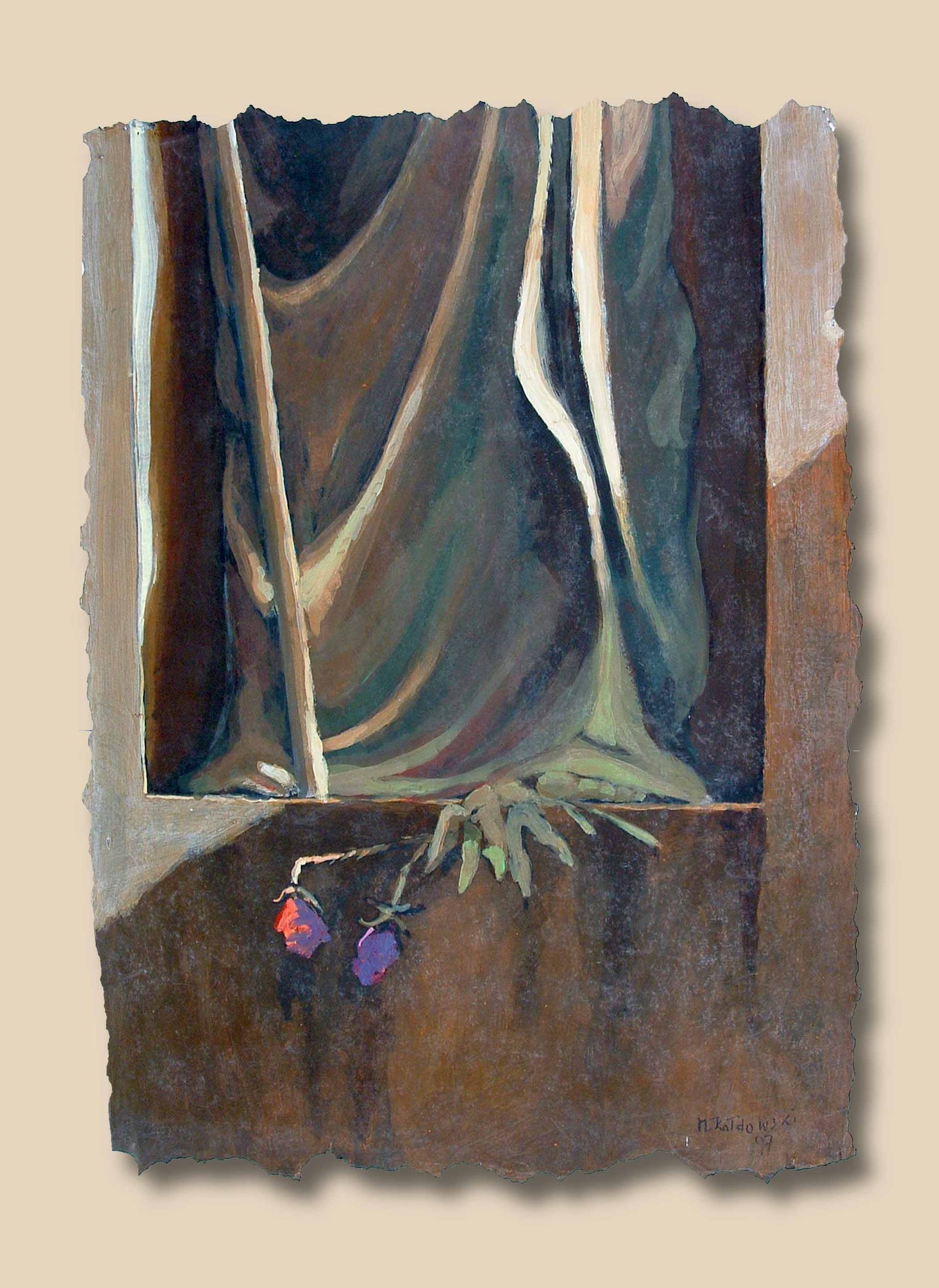 Figurative painting from Written in Memories — symbolic stone figure with flowers, acrylic on paper, 70×50 cm