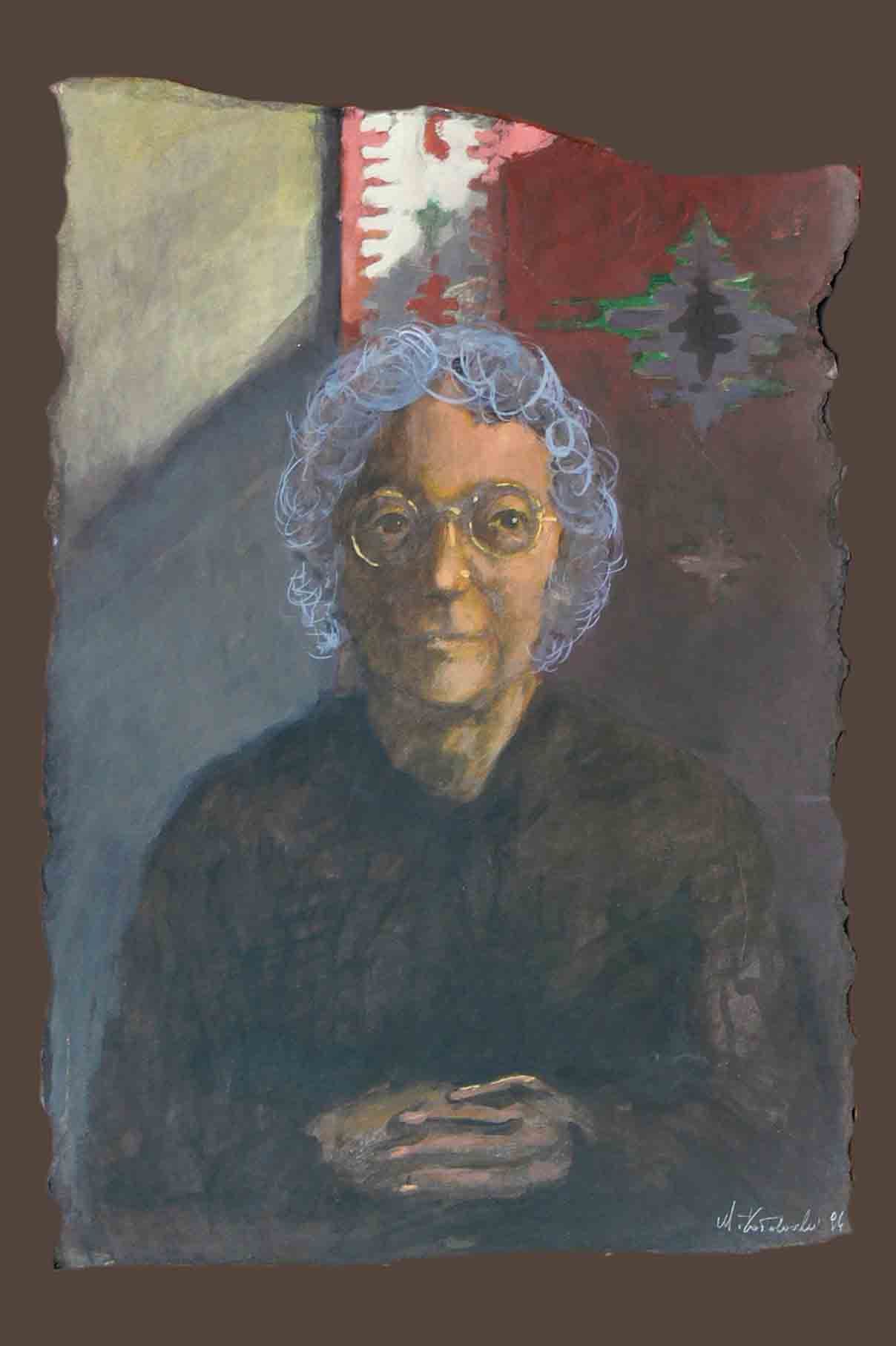 Figurative painting of a woman with round glasses from Written in Memories — symblolising passage of time, acrylic on paper