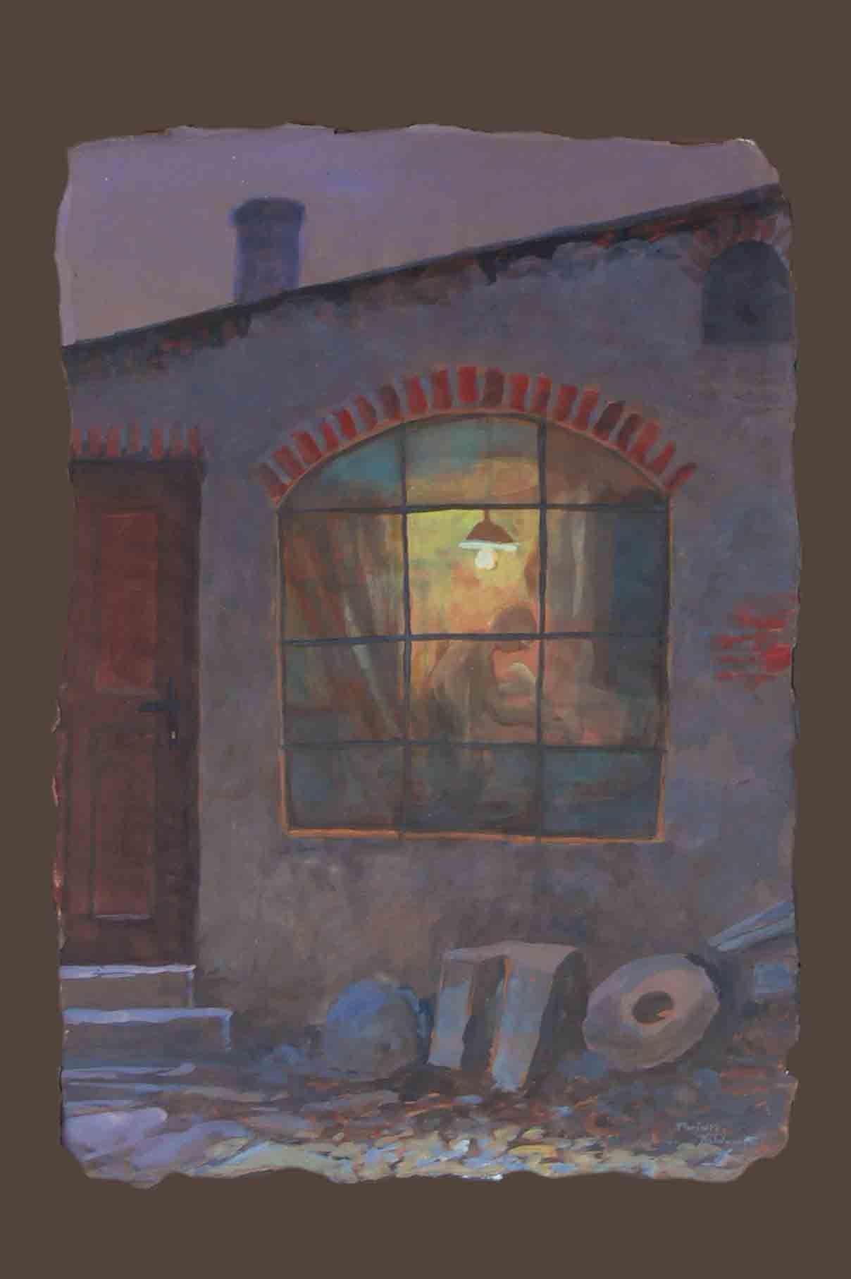 Written in Memories — Chełmno street scene with a lit window acrylic on paper, 1993–1994, by Mariusz Kaldowski