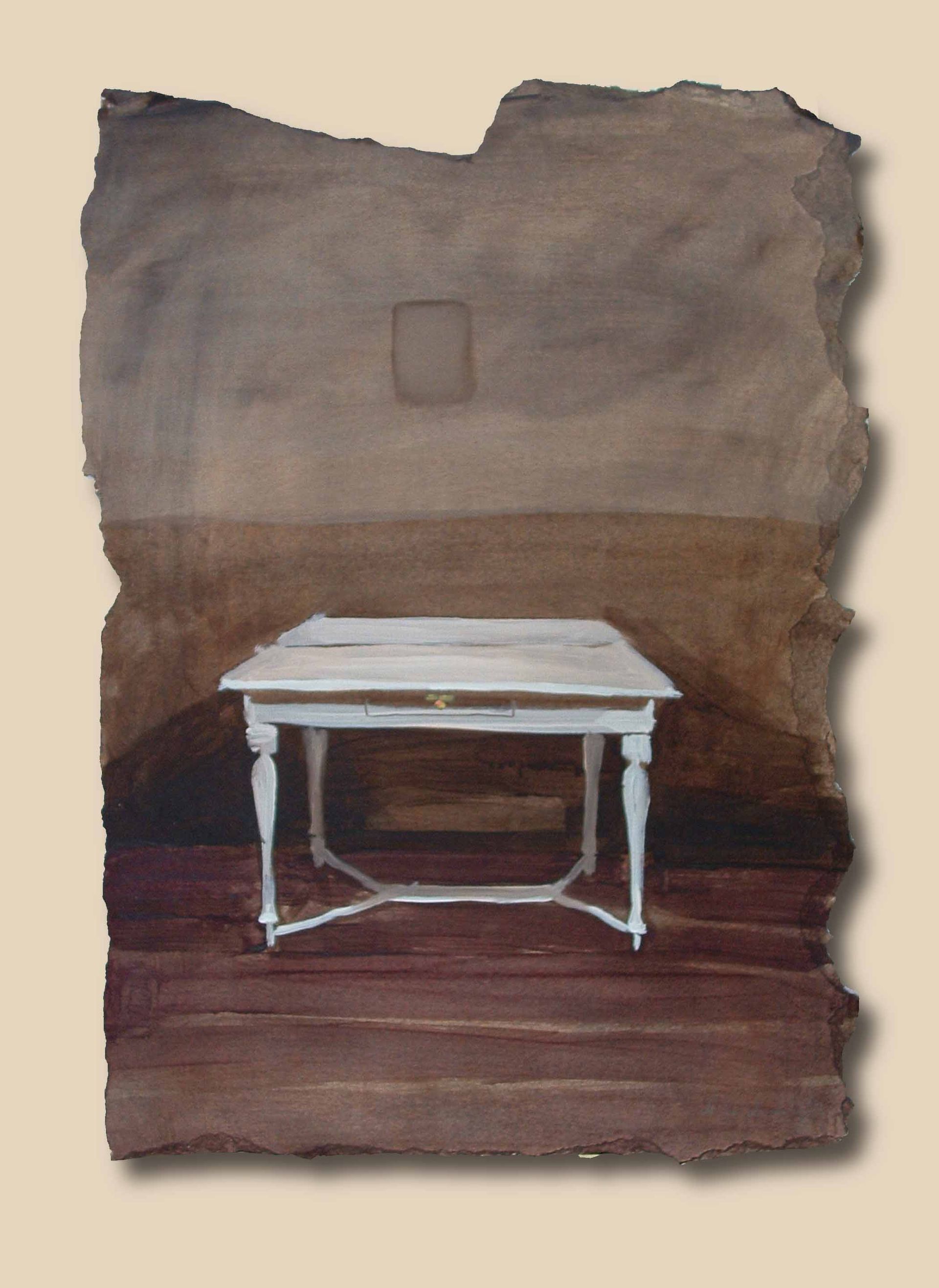 Symbolic interior from Written in Memories — impression of a family  dining room with white table, acrylic on paper, 70×50 cm