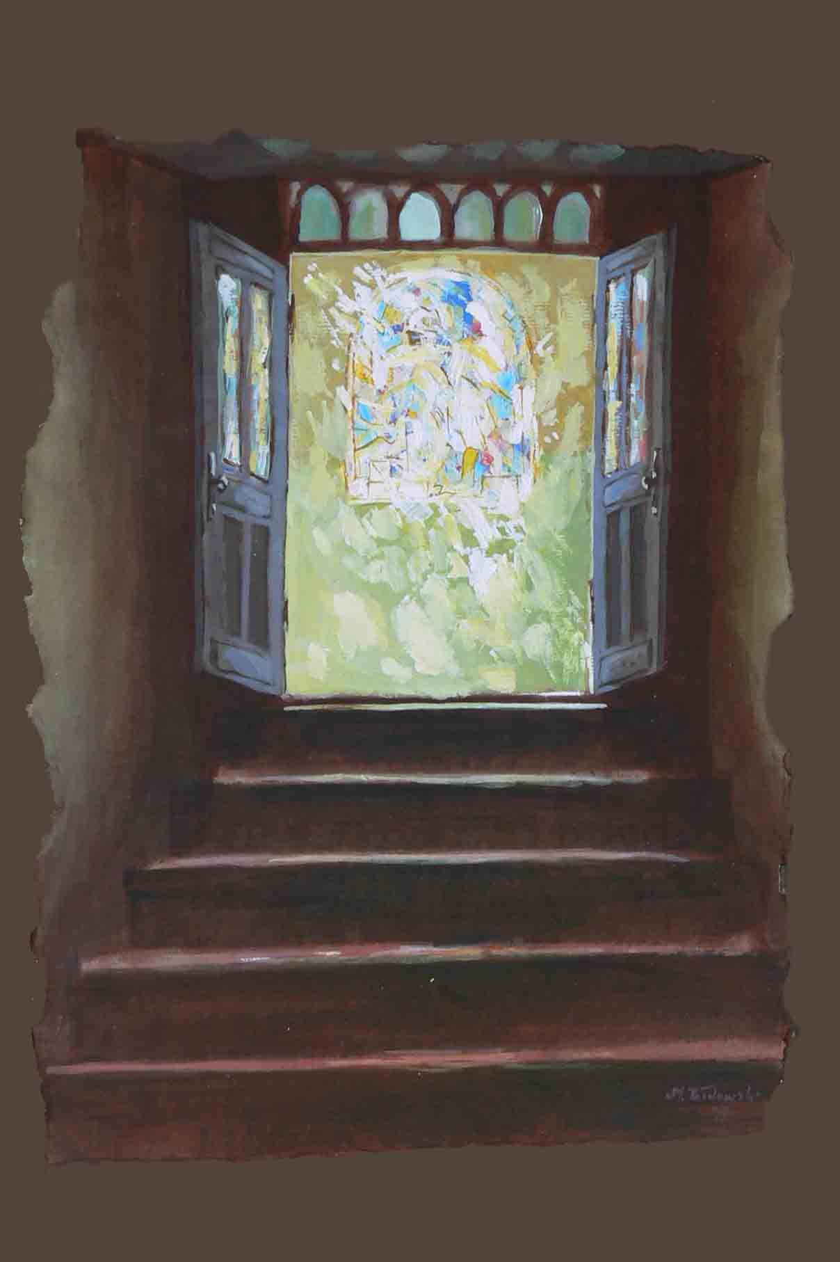 Written in Memories — painting of a cellar door leading to a garden, acrylic on paper, 1993–1994, by Mariusz Kaldowski