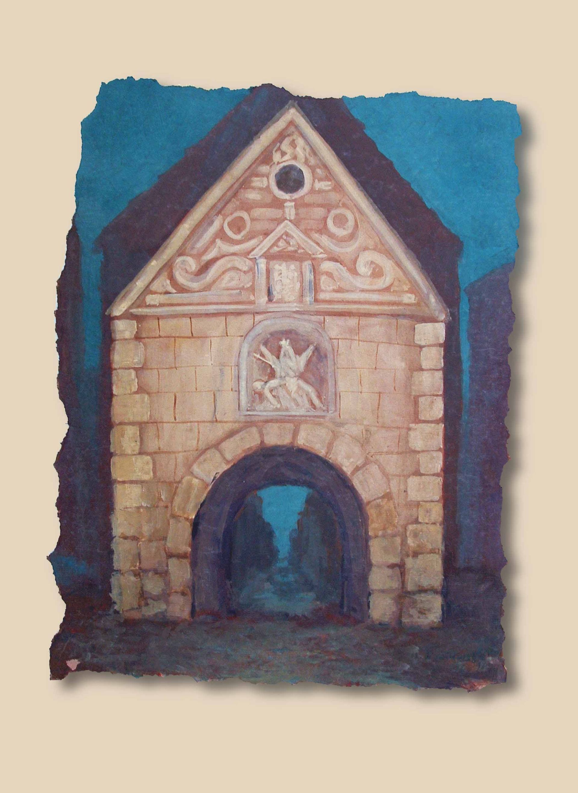 Written in Memories — Chełmno old town gate silhouette at dusk, acrylic on paper, 1993–1994, by Mariusz Kaldowski