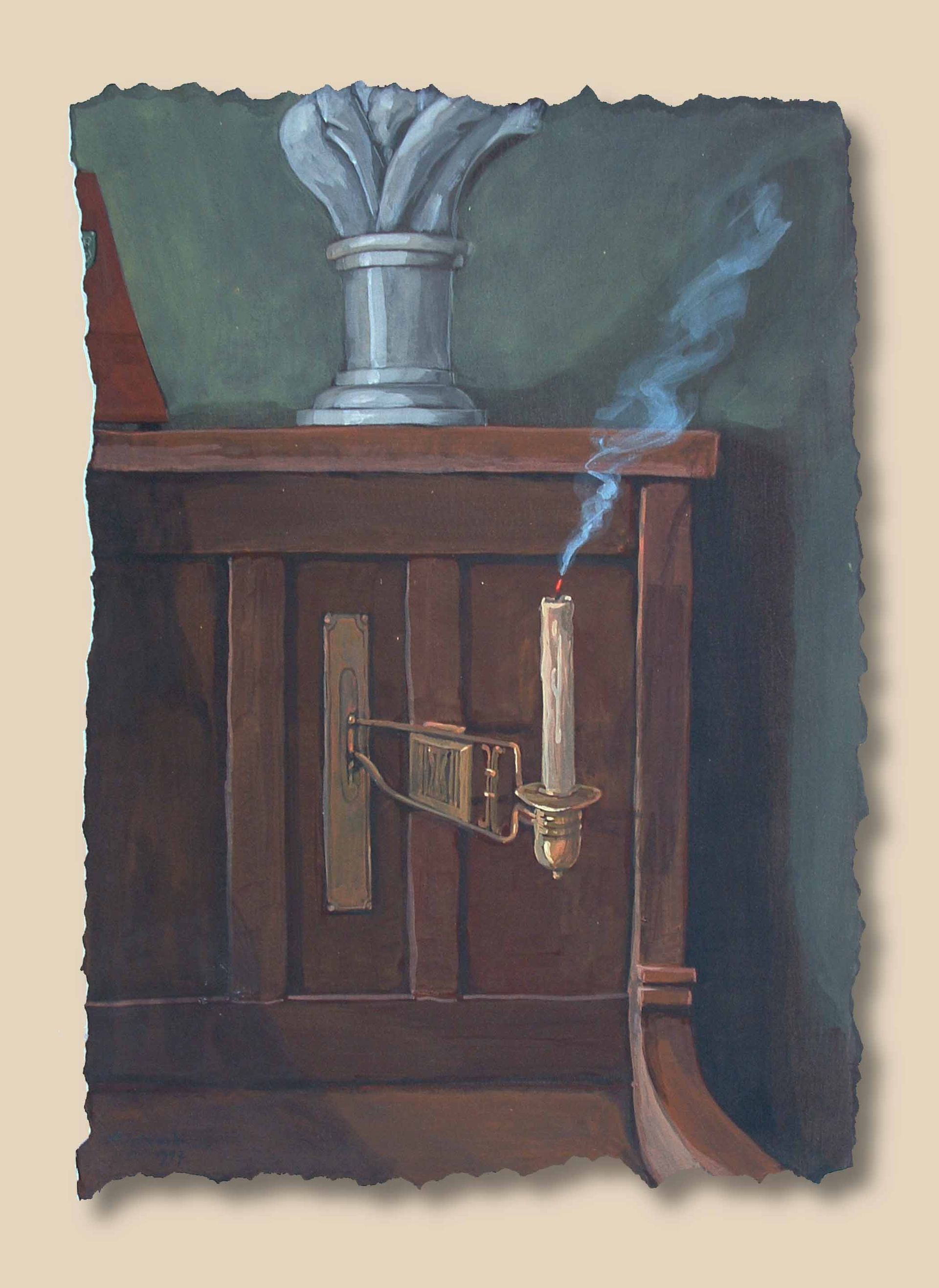Symbolic interior from Written in Memories — impression of a family room with piano and candle, acrylic on paper, 70×50 cm