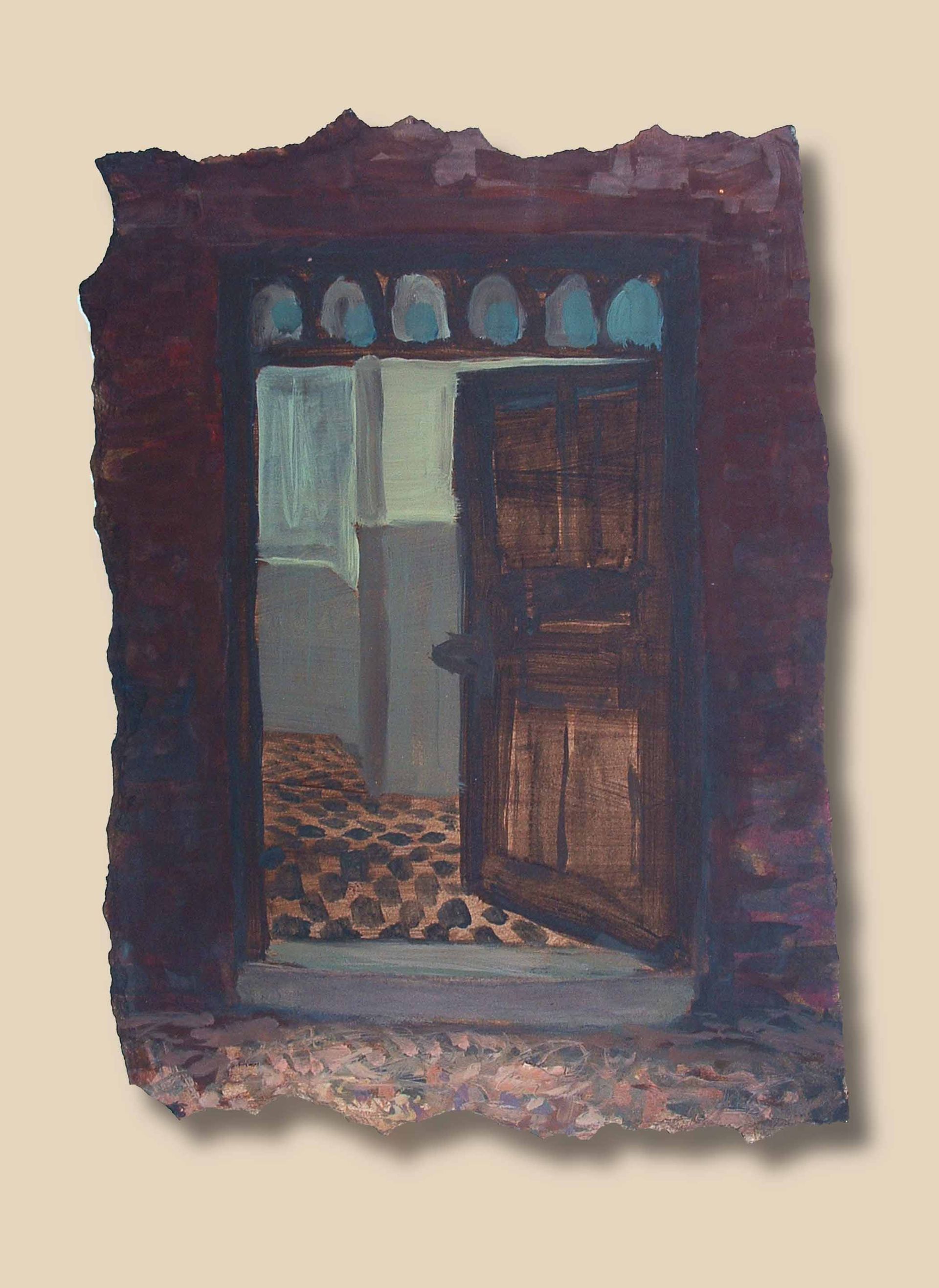 Painting of a door leading to an old apartment, from Written in Memories —, acrylic on paper, 1993–1994, by Mariusz Kaldowski