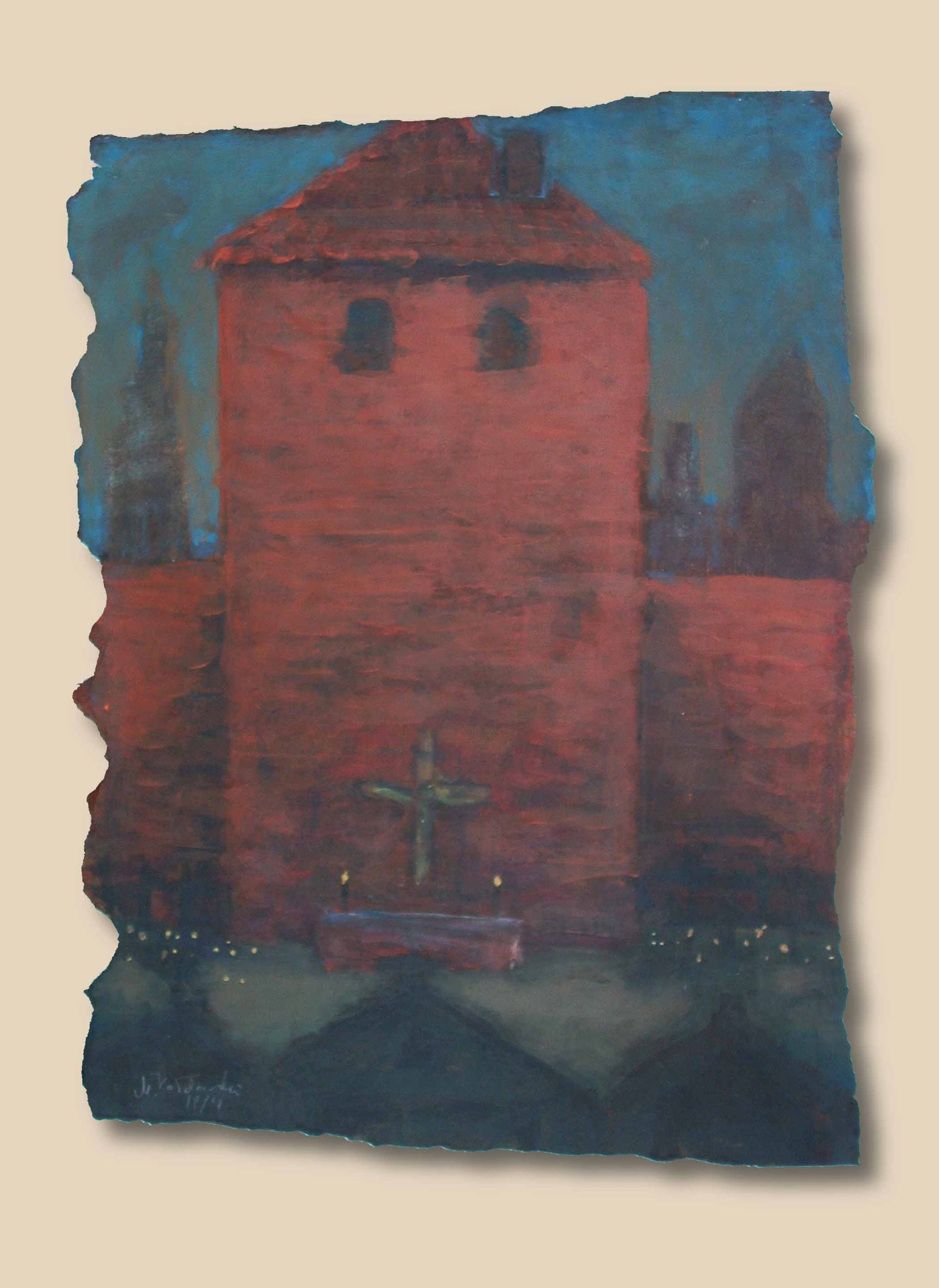 Written in Memories — old town walls with tower, filtered through memory and abstraction, acrylic on paper, 1993–1994