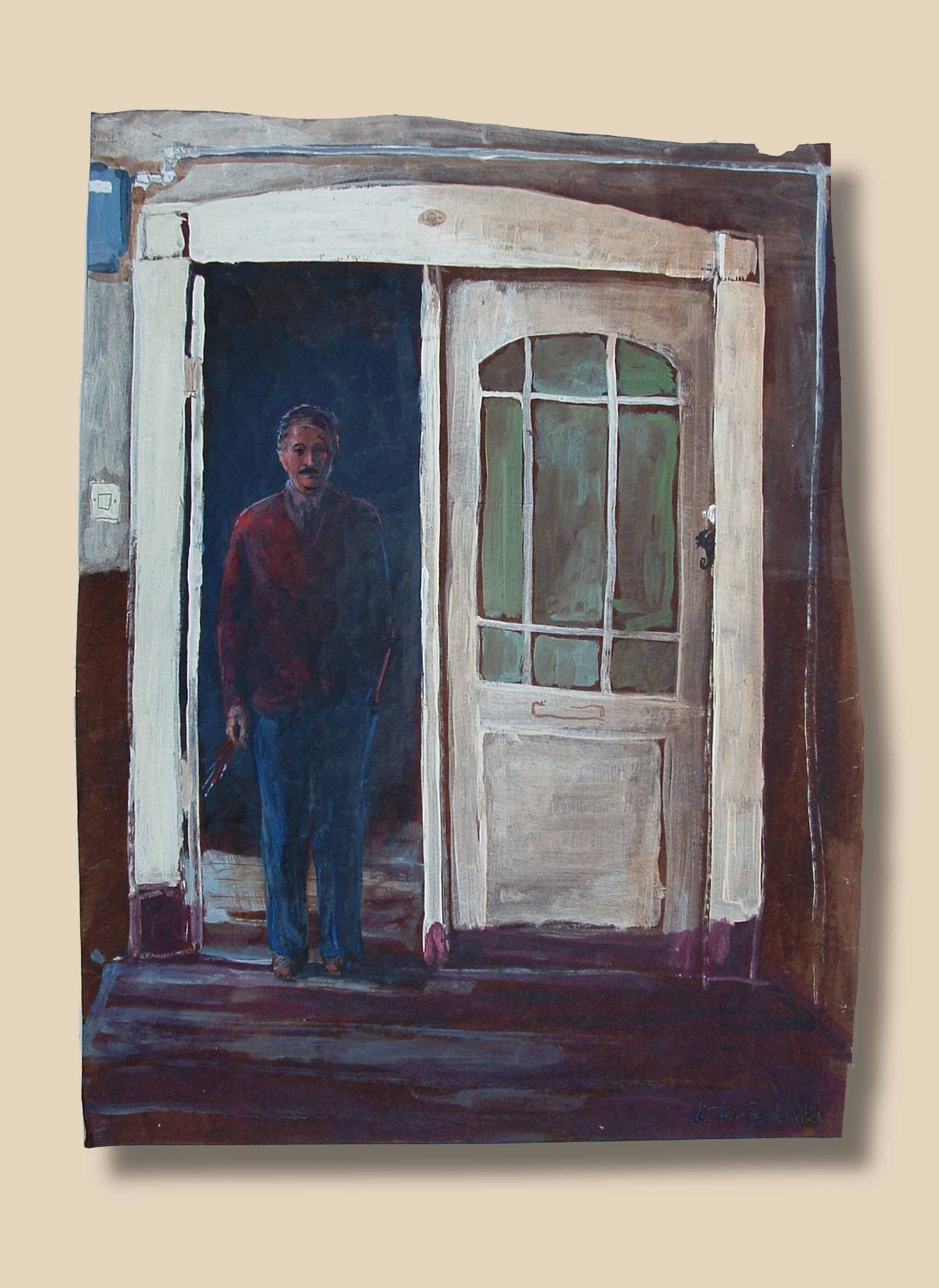 Written in Memories — impression of Chełmno house door with a male standing, acrylic on paper, by Mariusz Kaldowski