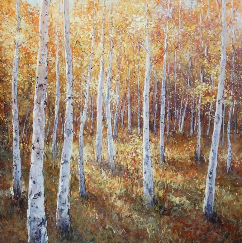 White Birch impressionist painting by Mariusz Kaldowski showing an autumn forest with golden foliage and tall birch trees.