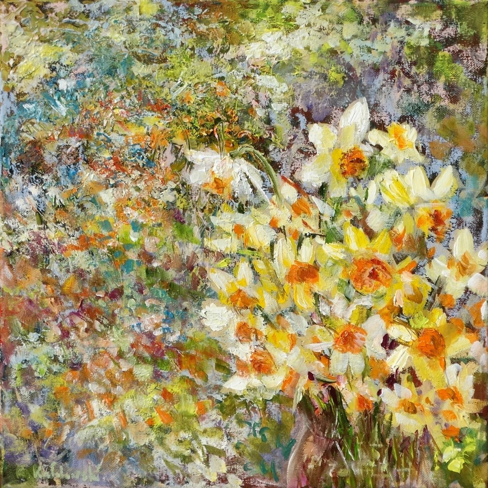 Spring, oil on canvas 40x40cm (framed 44x44cm), fresh blossoms of daffodils and vibrant colors