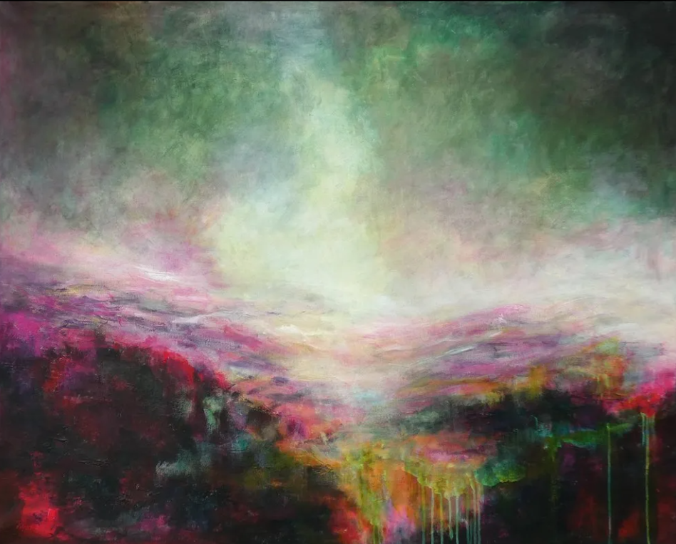 Emerald Skies, an abstract Turner-esque painting by Kasia Kaldowski depicting wide landscape with Emerald Skies