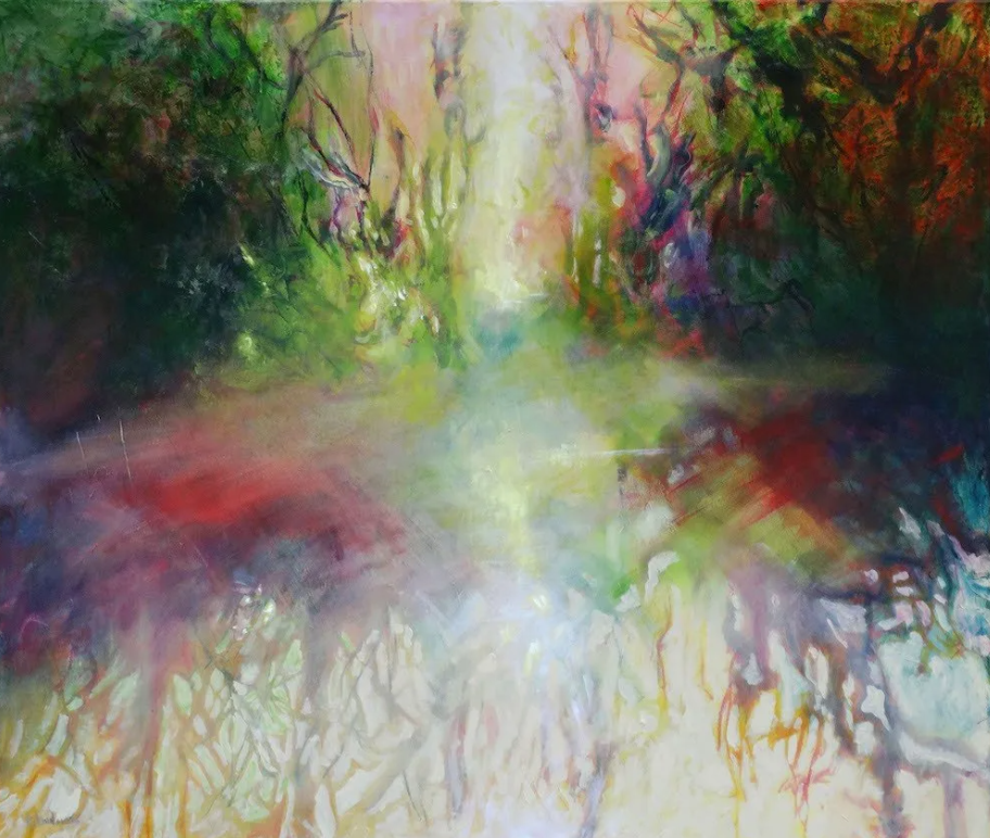 Secret River, an abstract Turner-esque painting by Kasia Kaldowski showing reflections of trees in a river
