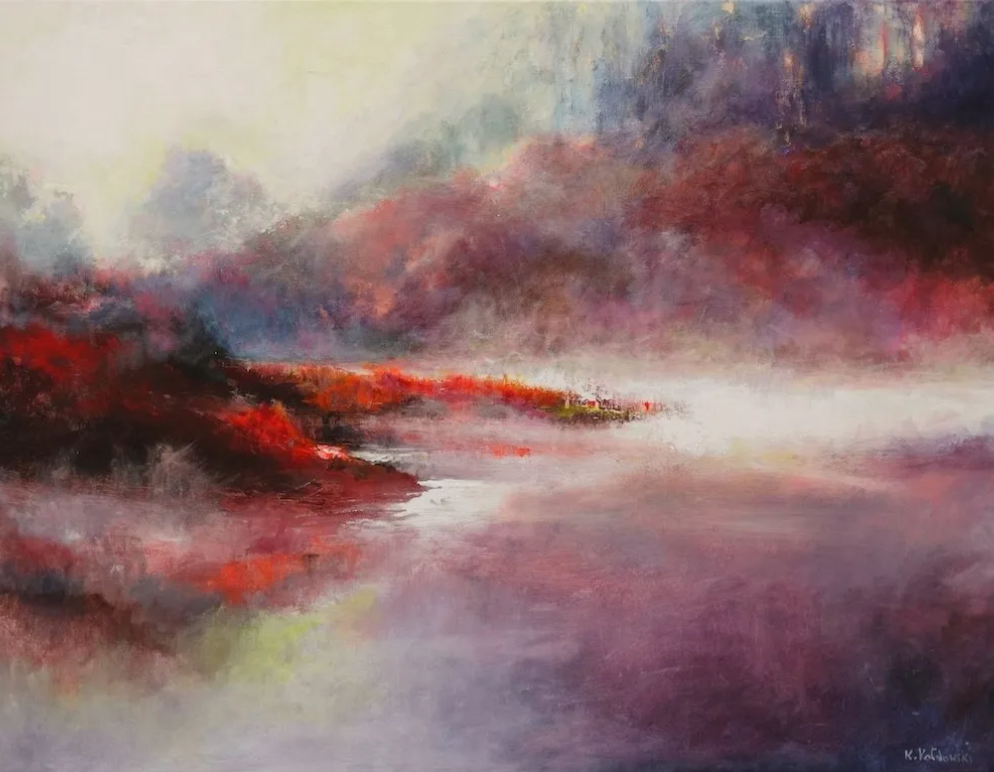 Morning Impressions, an abstract Turner-esque painting by Kasia Kaldowski with impressionistic purple and pink landscape on water