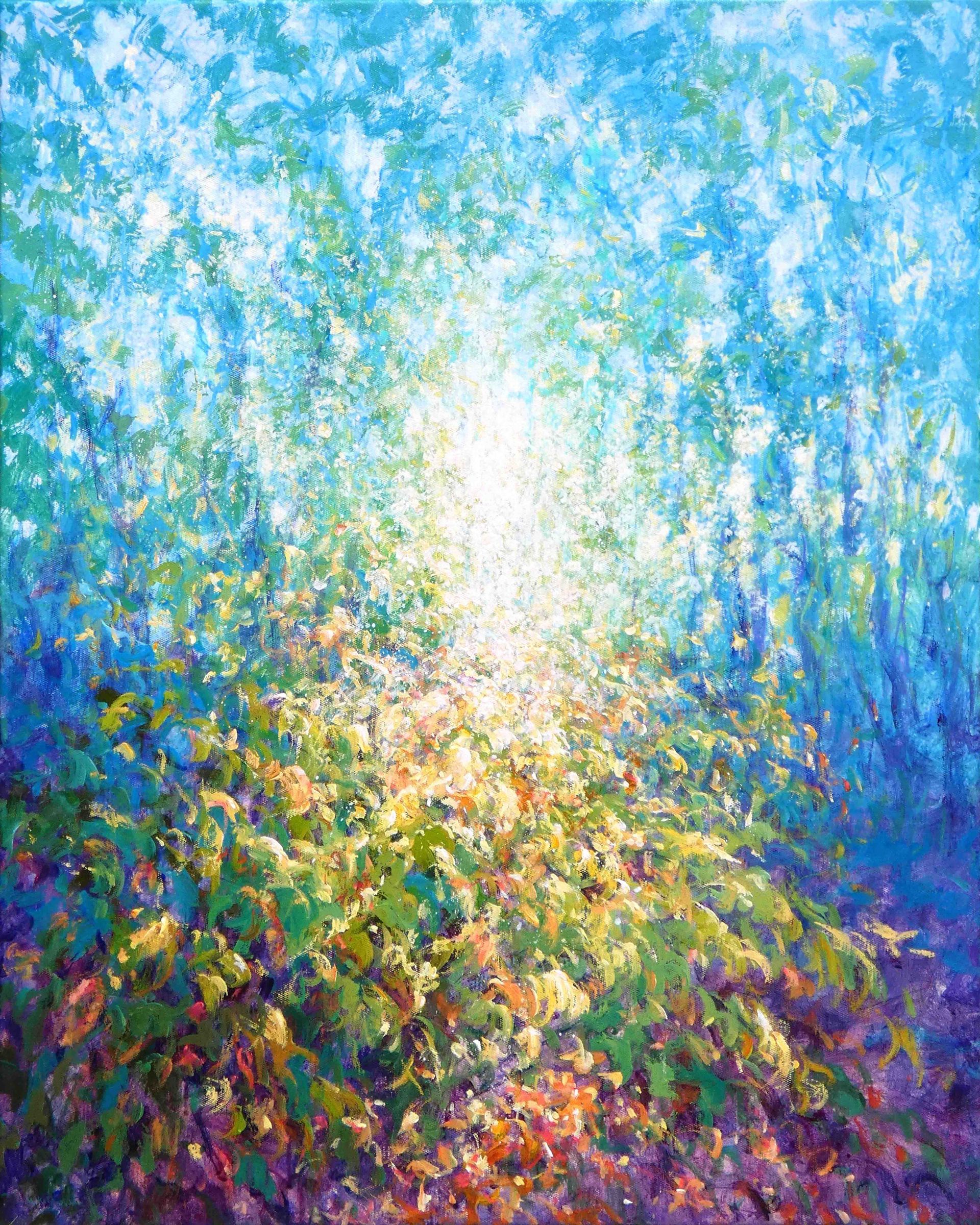 Forest Carpet painting by Mariusz Kaldowski – acrylic woodland scene with dappled light on greenery and fern